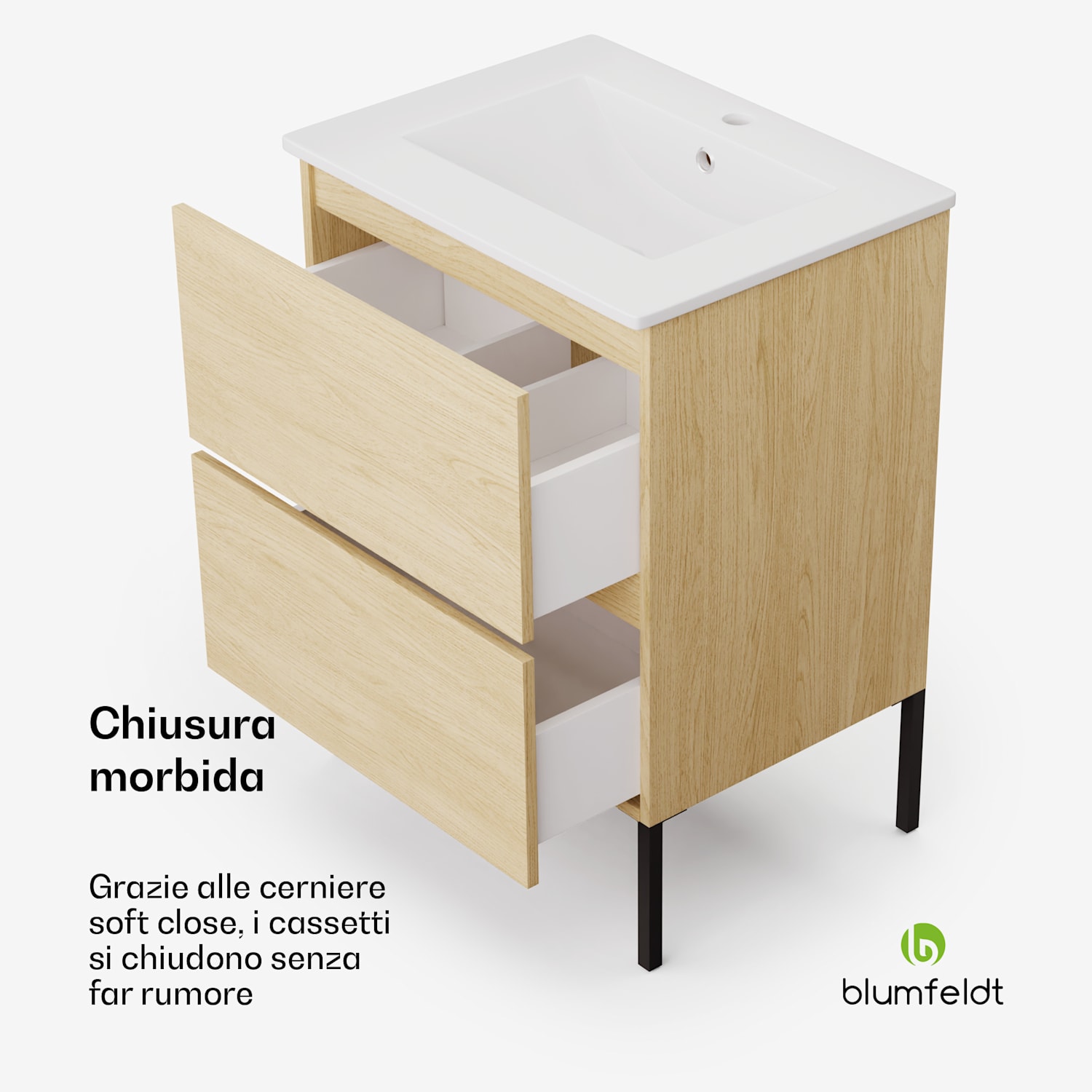 Johnstone portalavabo, mobiletto per il bagno, armadietto da bagno, 60 cm, con lavabo in ceramica, funzione soft close, 2 cassetti, pratico spazio per riporre gli oggetti, legno naturale 60 cm