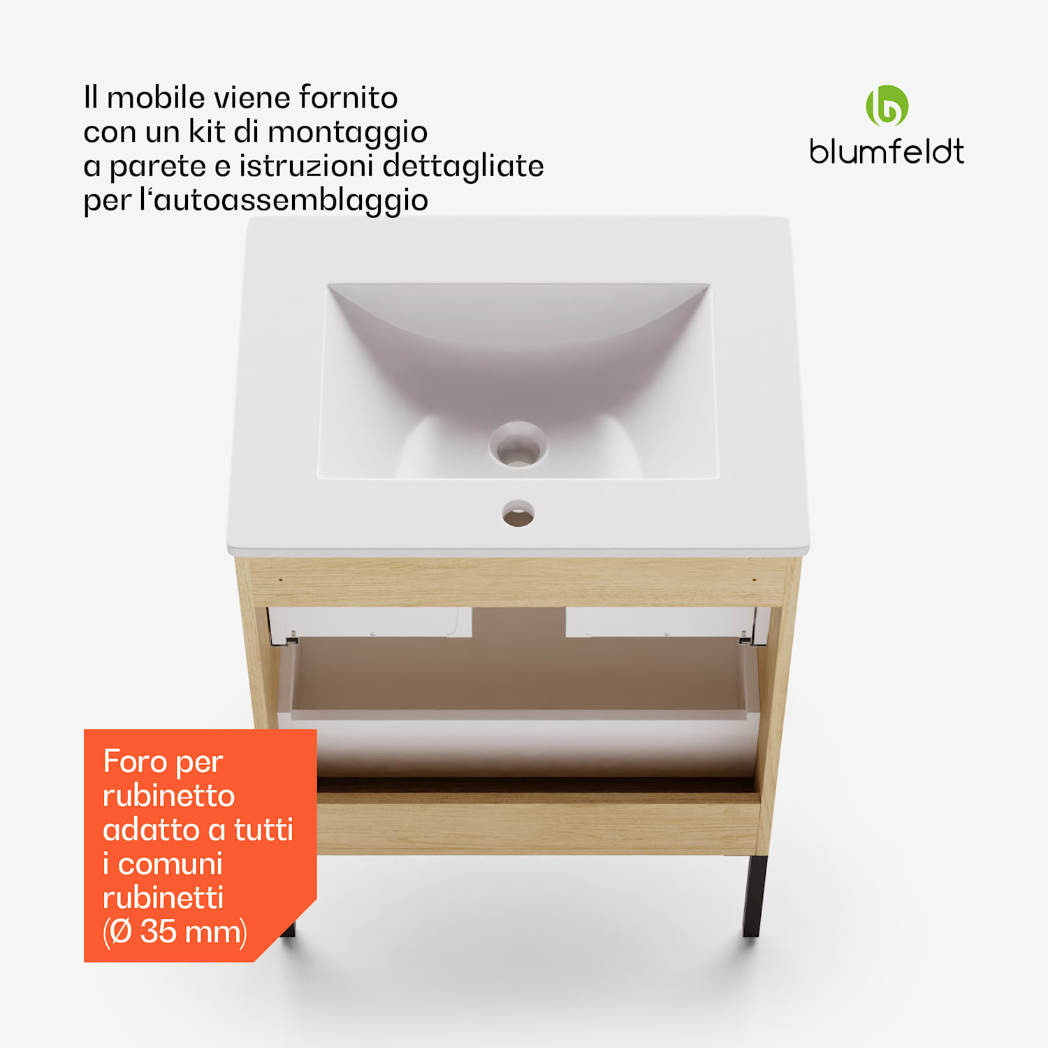 Johnstone portalavabo, mobiletto per il bagno, armadietto da bagno, 60 cm, con lavabo in ceramica, funzione soft close, 2 cassetti, pratico spazio per riporre gli oggetti, legno naturale 60 cm