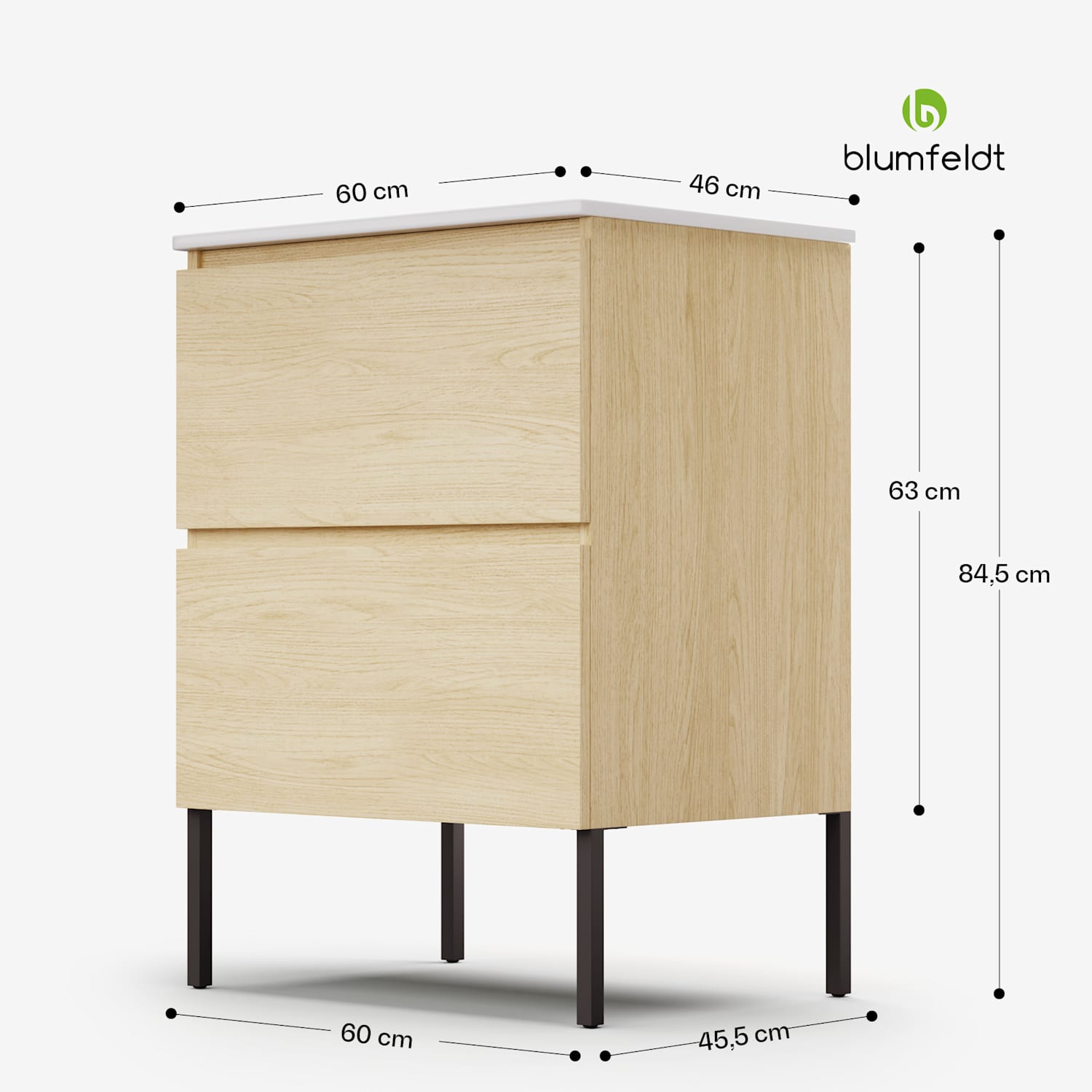 Johnstone portalavabo, mobiletto per il bagno, armadietto da bagno, 60 cm, con lavabo in ceramica, funzione soft close, 2 cassetti, pratico spazio per riporre gli oggetti, legno naturale 60 cm