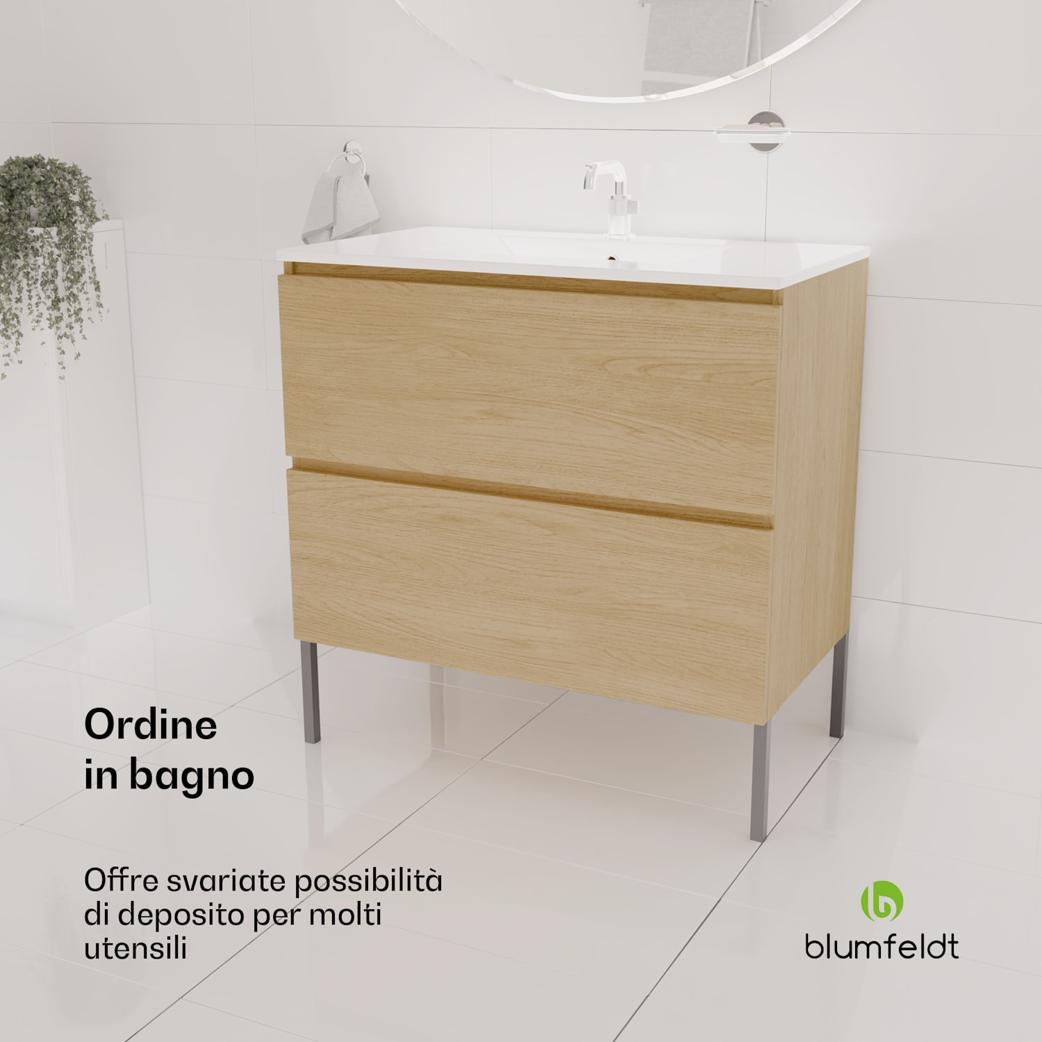 Johnstone portalavabo, mobiletto per il bagno, armadietto da bagno, 80 cm, con lavabo in ceramica, funzione soft close, 2 cassetti, pratico spazio per riporre gli oggetti, legno naturale 80_cm