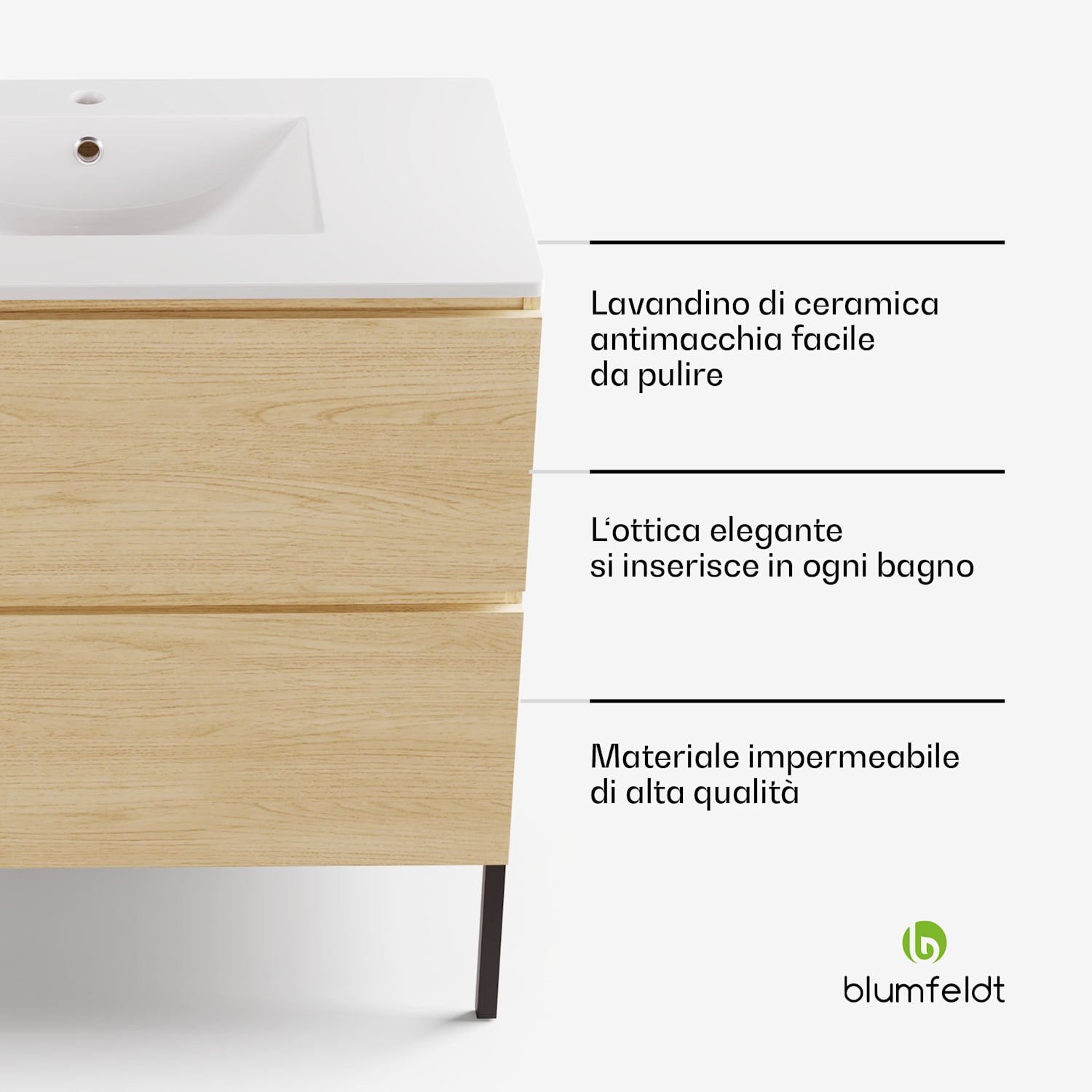 Johnstone portalavabo, mobiletto per il bagno, armadietto da bagno, 80 cm, con lavabo in ceramica, funzione soft close, 2 cassetti, pratico spazio per riporre gli oggetti, legno naturale 80_cm