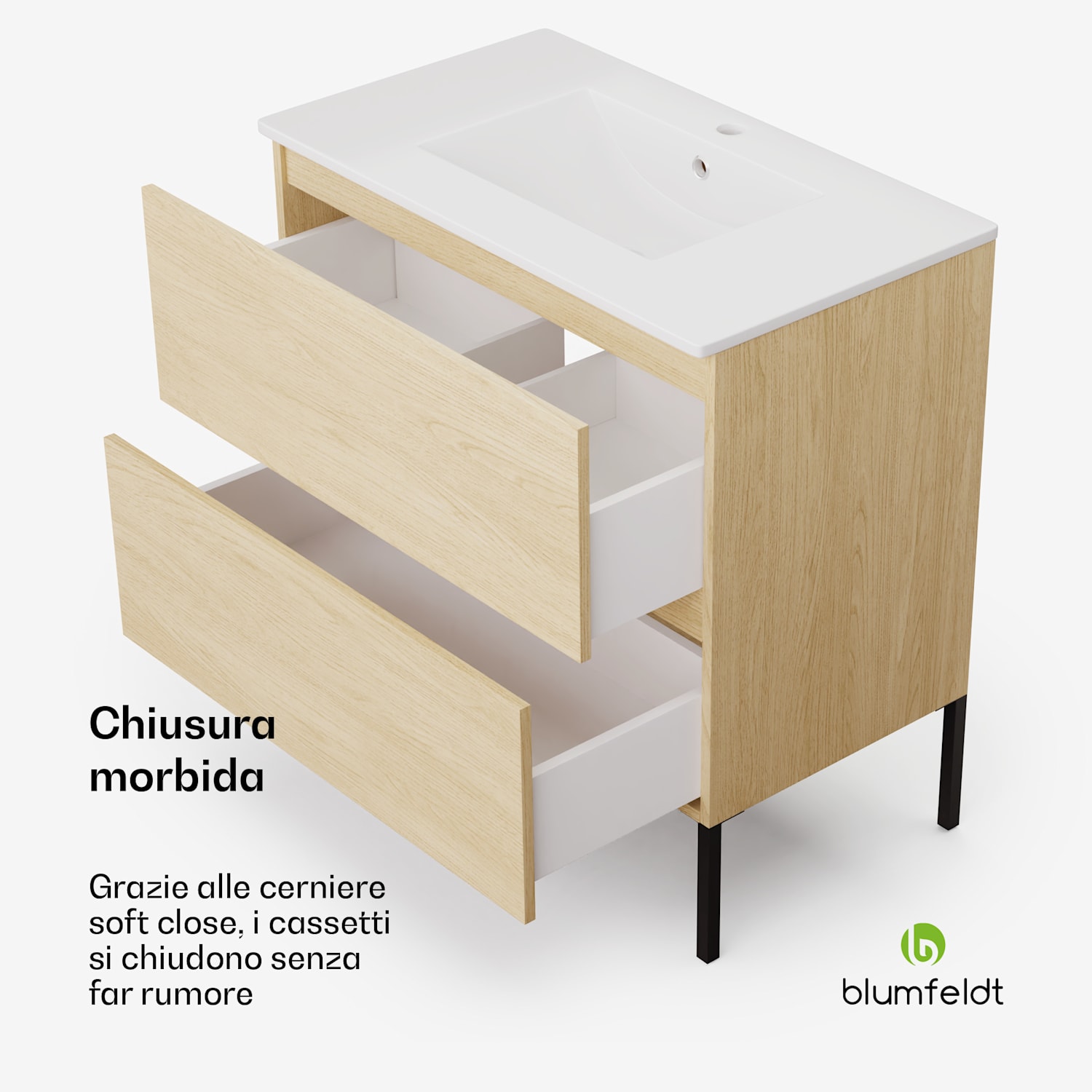 Johnstone portalavabo, mobiletto per il bagno, armadietto da bagno, 80 cm, con lavabo in ceramica, funzione soft close, 2 cassetti, pratico spazio per riporre gli oggetti, legno naturale 80_cm