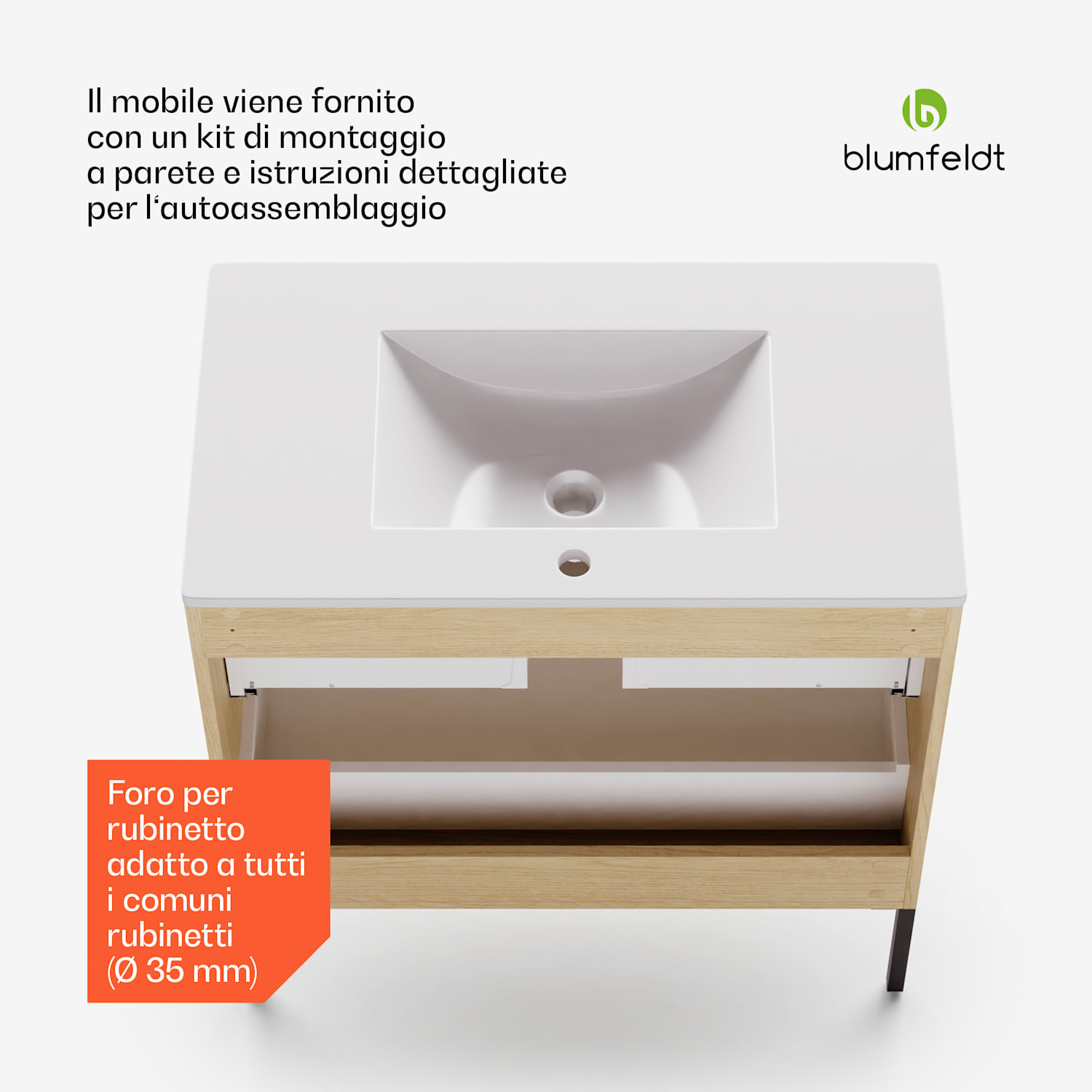 Johnstone portalavabo, mobiletto per il bagno, armadietto da bagno, 80 cm, con lavabo in ceramica, funzione soft close, 2 cassetti, pratico spazio per riporre gli oggetti, legno naturale 80_cm