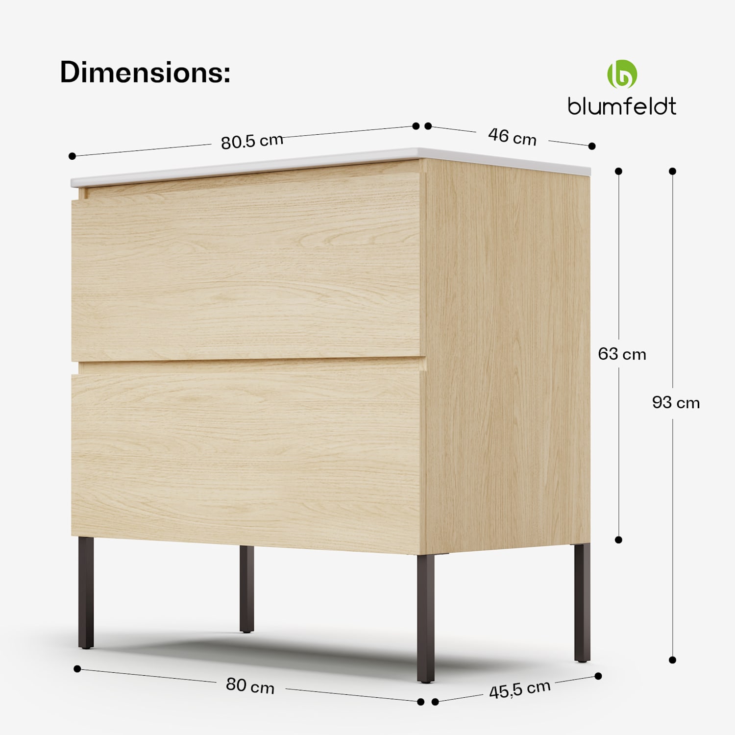 Johnstone portalavabo, mobiletto per il bagno, armadietto da bagno, 80 cm, con lavabo in ceramica, funzione soft close, 2 cassetti, pratico spazio per riporre gli oggetti, legno naturale 80_cm