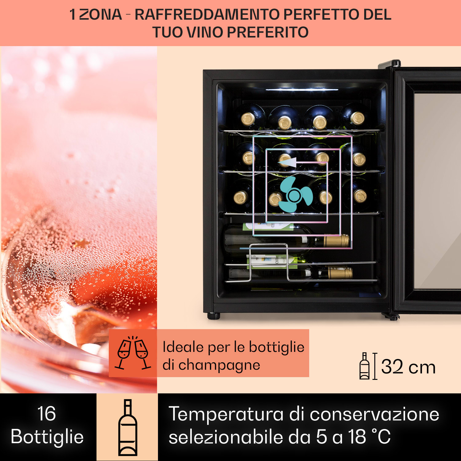 Shiraz 16 Uno - Frigorifero per vini, 42 l, pannello di controllo touch, 131 W, 5-18°C 