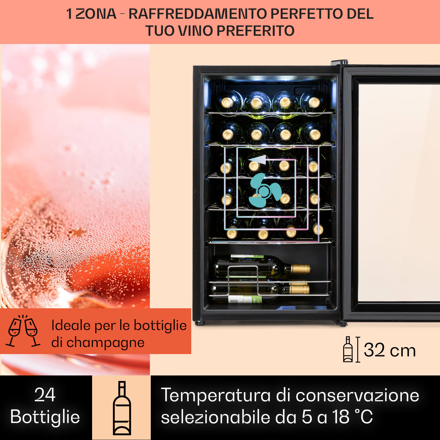 Shiraz 24 Uno - Frigorifero per vini, 63 l, 24 bottiglie, pannello di controllo touch, 5-18°C 24 bottiglie  | 1 zona di raffreddamento | Nero