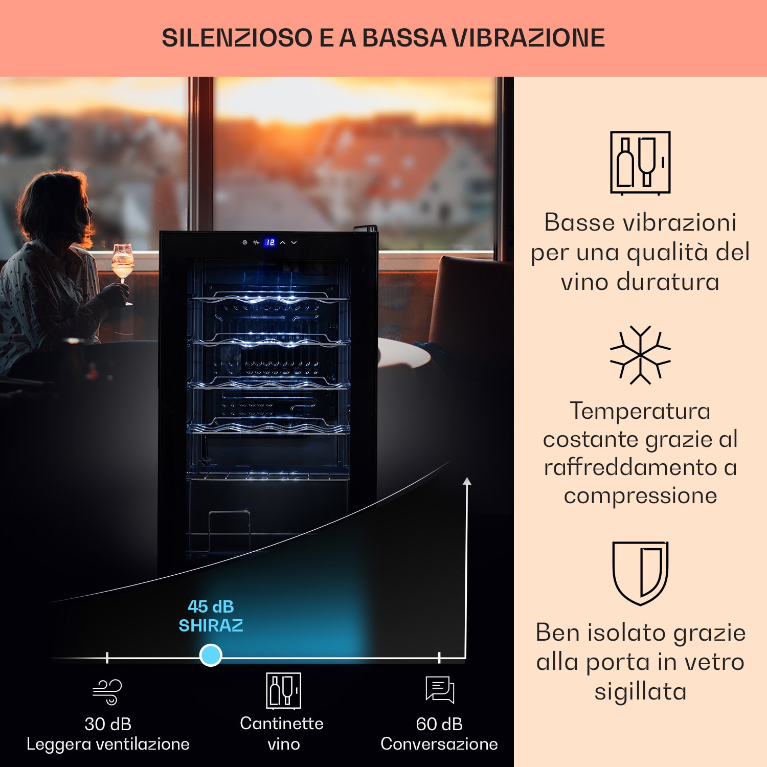 Shiraz 24 Uno - Frigorifero per vini, 63 l, 24 bottiglie, pannello di controllo touch, 5-18°C 24 bottiglie  | 1 zona di raffreddamento | Nero