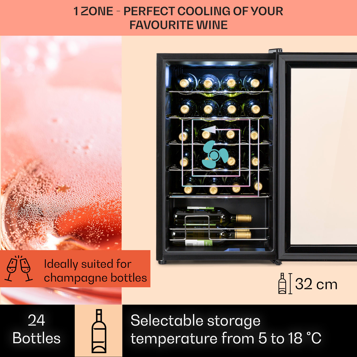 Shiraz 24 Uno, borhűtő, 63 liter, 24 palack, 5-18°C, érintőképernyős vezérlőpanel 24 palack | 1 hűtőzóna | Fekete