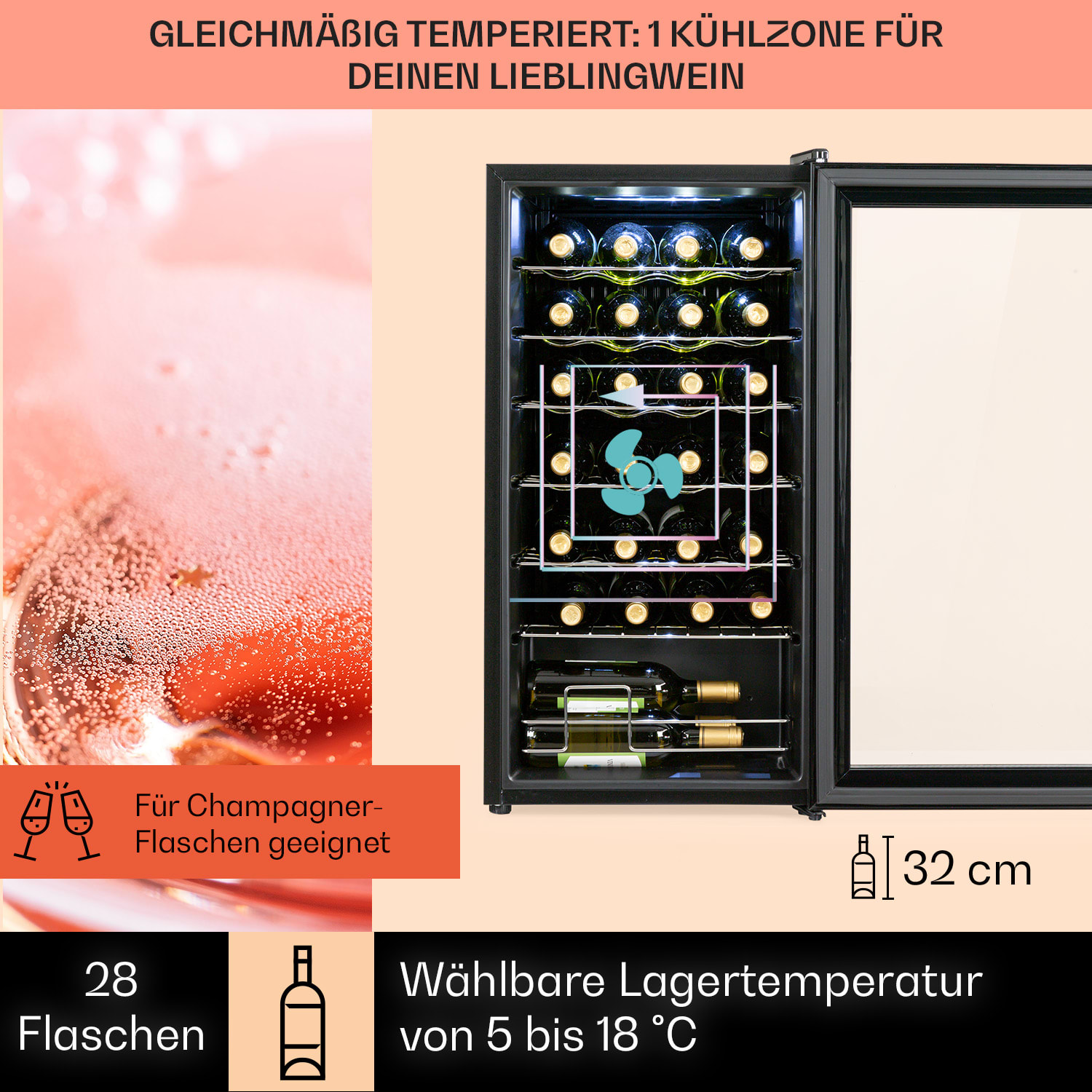 Shiraz 28 Uno Weinkühlschrank 74l 28Fl Touch-Bedienfeld  5-18°C 28 Flaschen | 1 Kühlzone | Schwarz