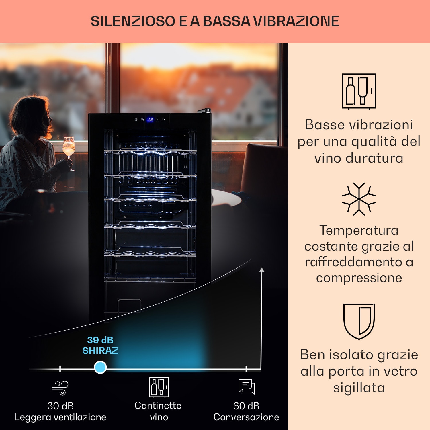 Shiraz 28 Uno - Frigorifero per vini, 74 l, 28 bottiglie, pannello di controllo touch, 5-18°C 28 bottiglie  | 1 zona di raffreddamento | Nero