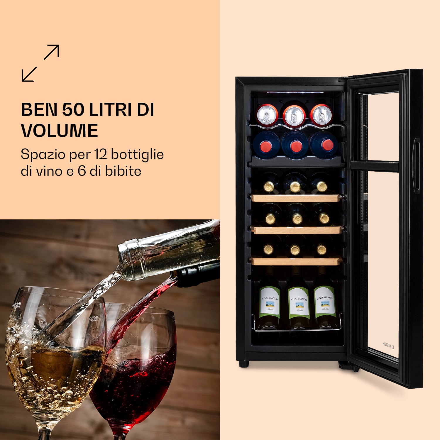 Bovella 18 Duo+ - Frigorifero per vini a due zone, 50 l, 18 bottiglie Sportello in vetro 18 bottiglie  | 2 zone di raffreddamento | Nero