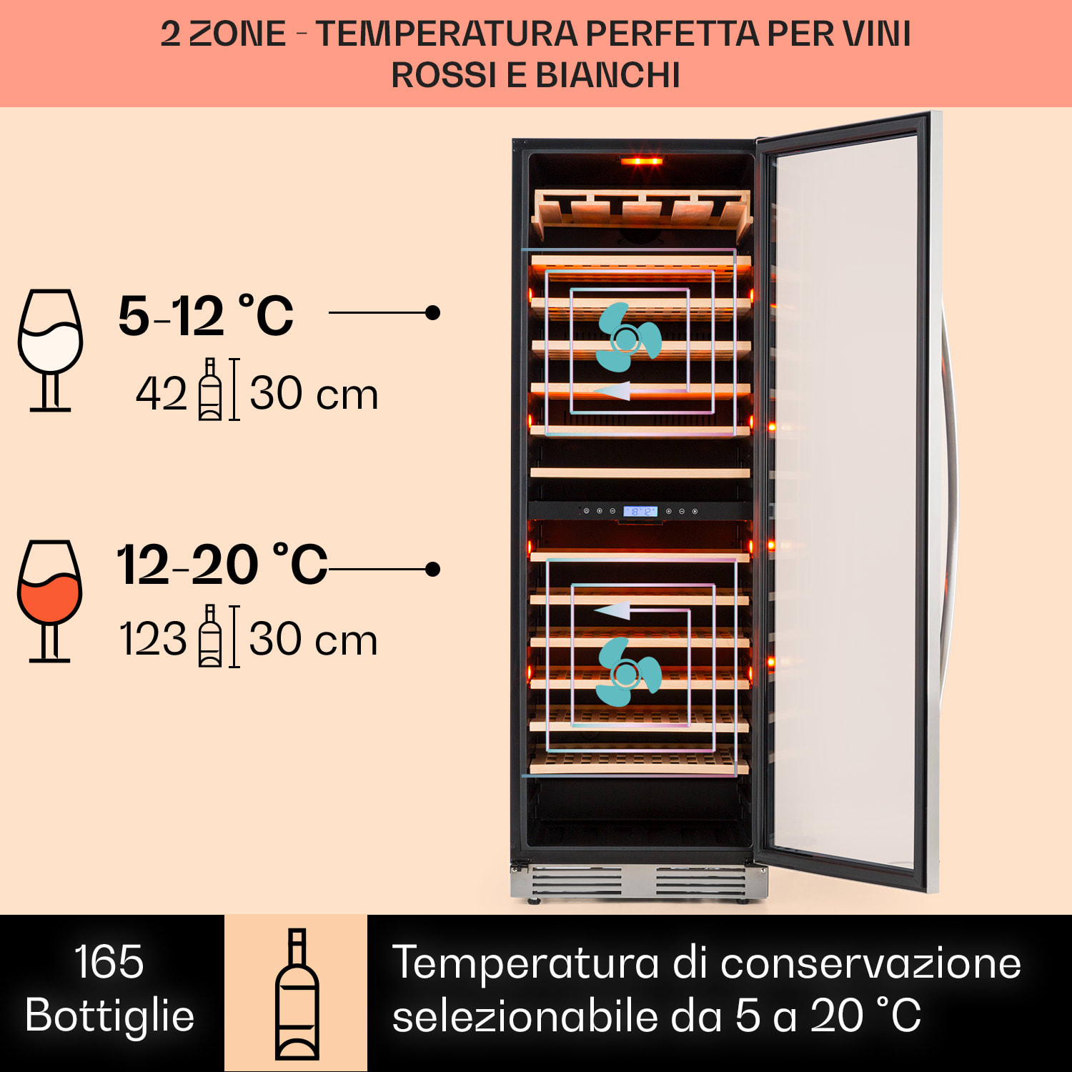 Vinovilla Grande 165 Built-in Duo - Frigorifero per vini, 425 l, 165 bottiglie, luce a 3 colori, sportello in vetro 