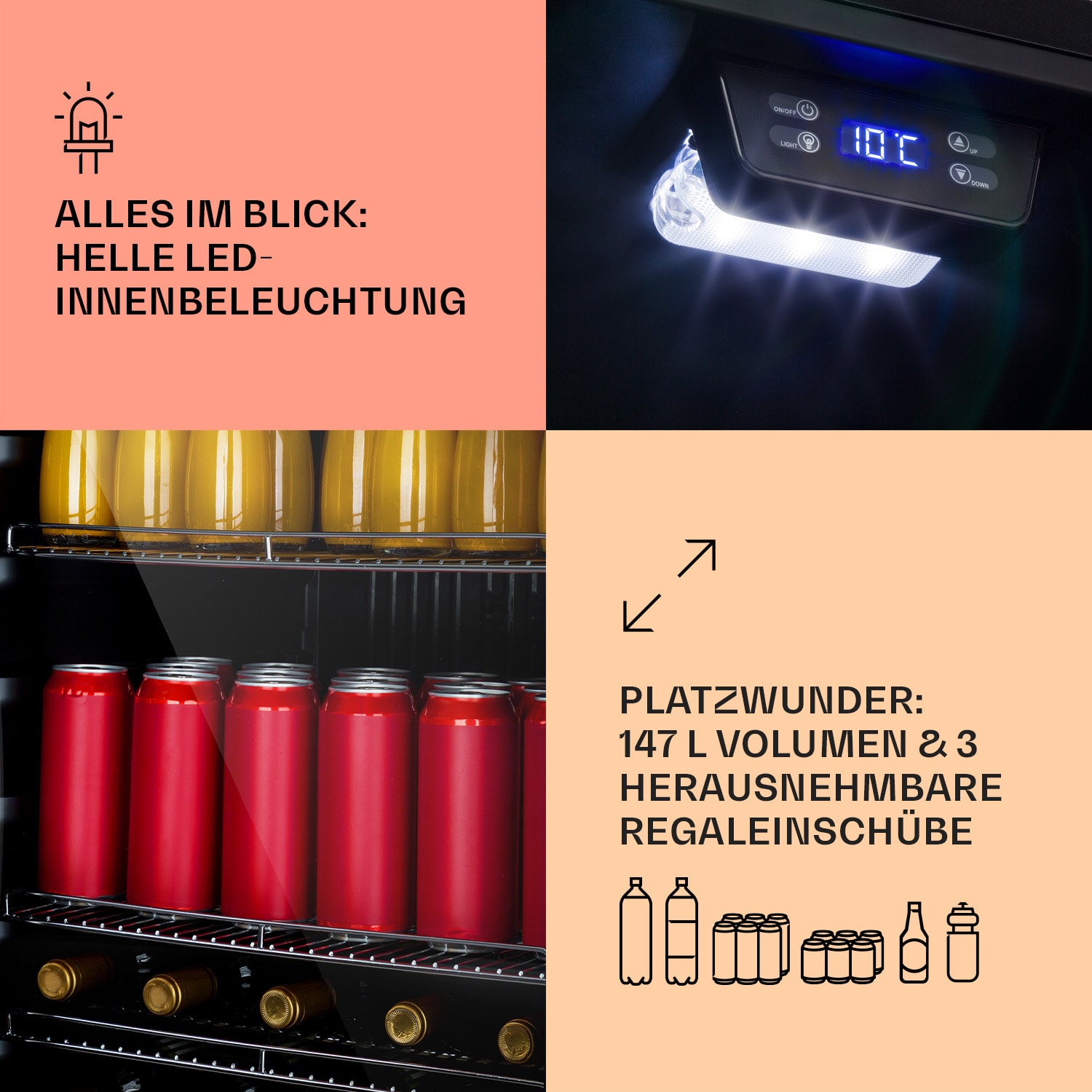 Beersafe 5XL Kühlschrank 148 Liter 3 Böden Panoramaglastür Edelstahl 