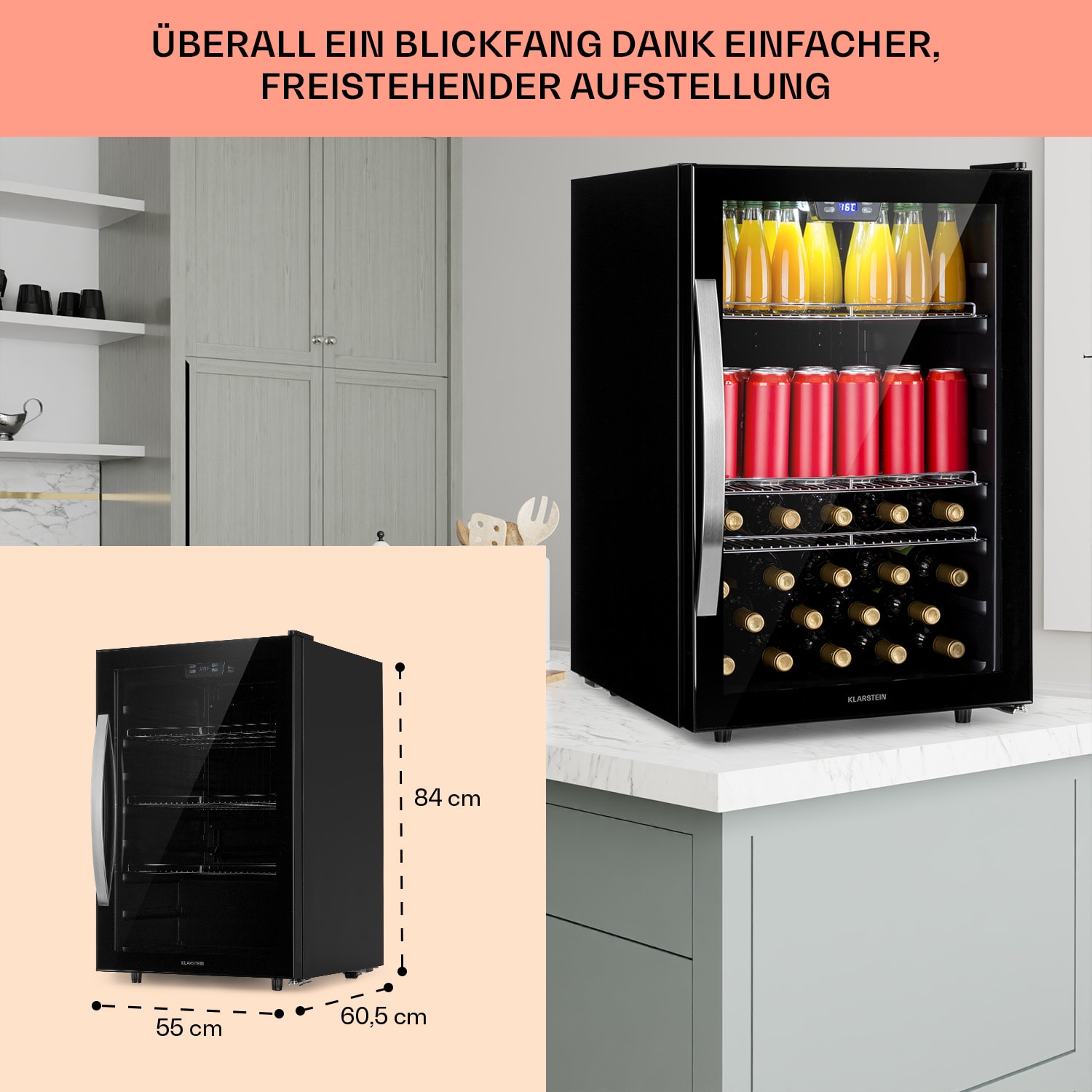 Beersafe 5XL Kühlschrank 148 Liter 3 Böden Panoramaglastür Edelstahl 
