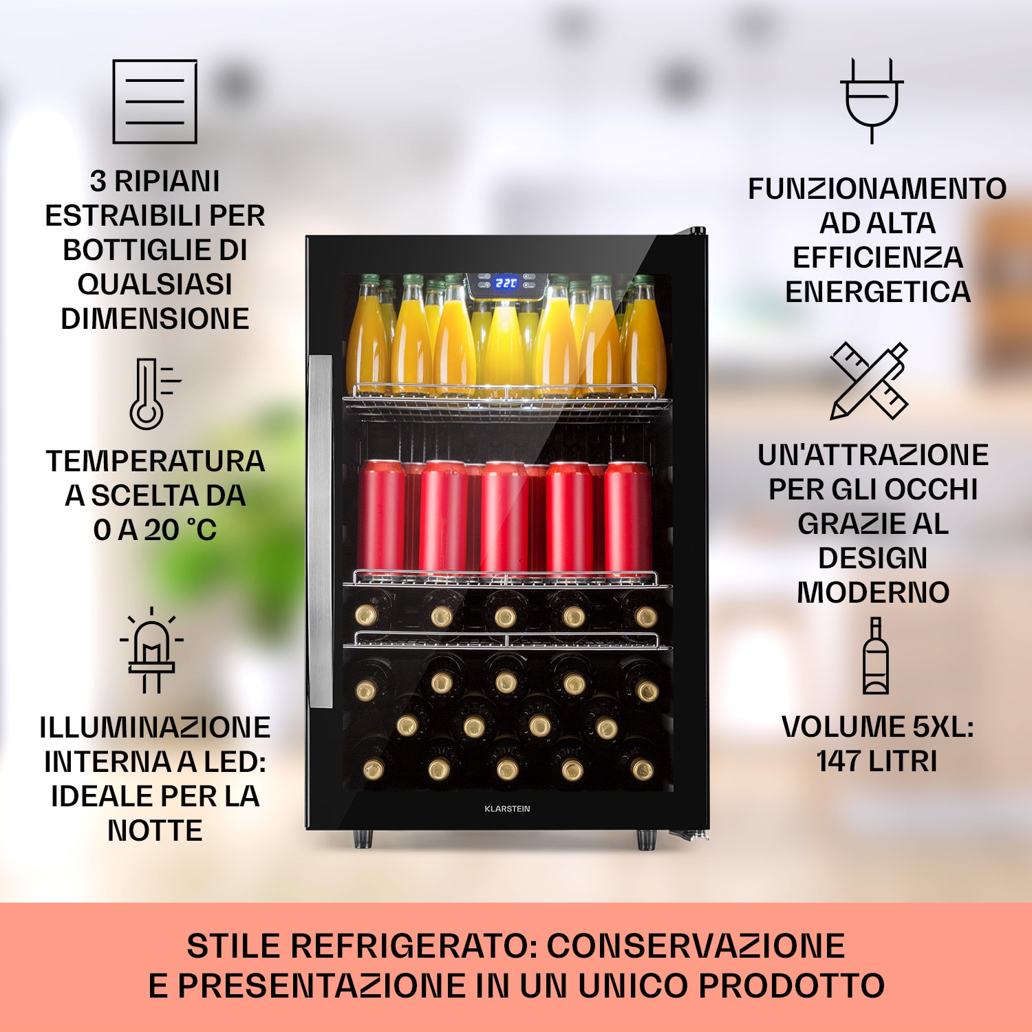 Beersafe 5XL - Frigorifero, 148 litri, 3 ripiani, sportello panoramico in vetro, acciaio inox 148 Ltr | Onyx