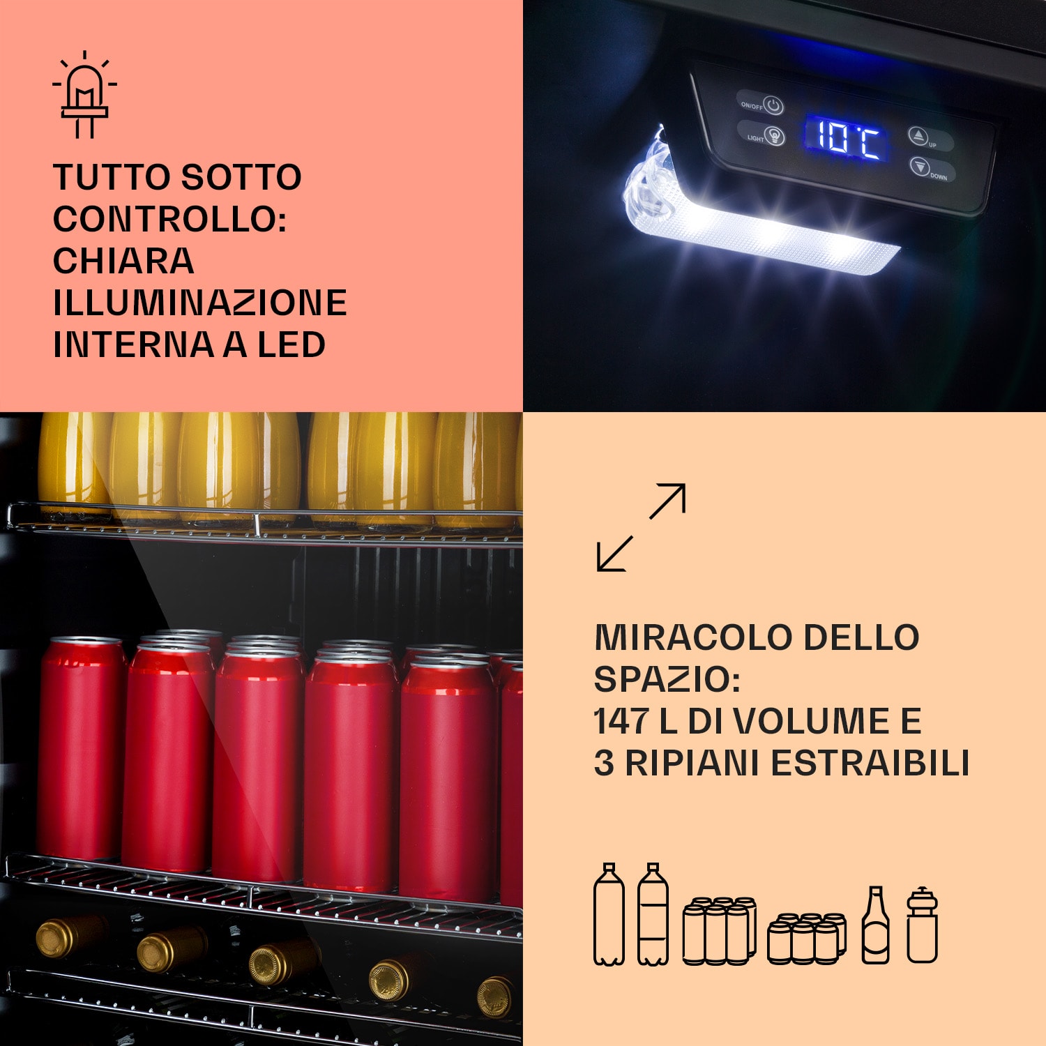 Beersafe 5XL - Frigorifero, 148 litri, 3 ripiani, sportello panoramico in vetro, acciaio inox 148 Ltr | Onyx