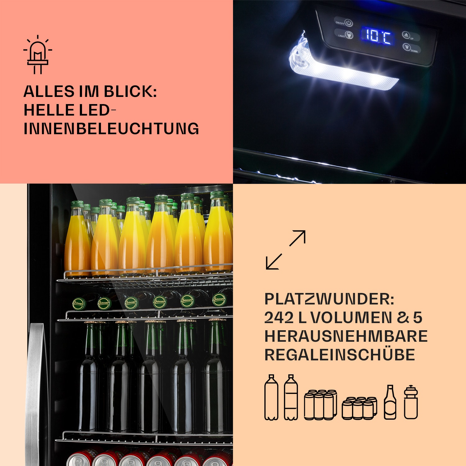 Beersafe 7XL Kühlschrank 242 Liter 5 Böden Panoramaglastür Edelstahl 242 Ltr | Onyx