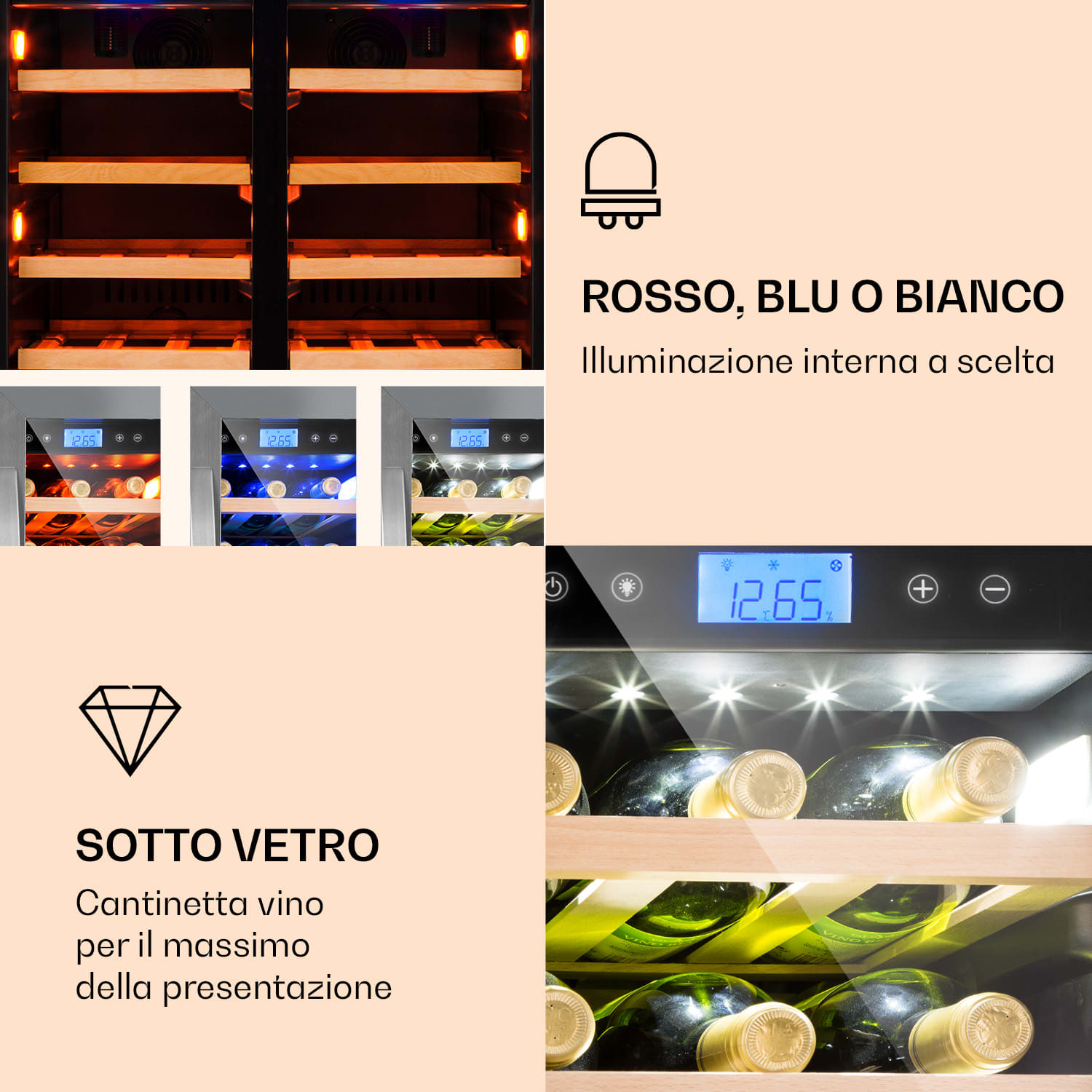Vinovilla 42 Twin Built-In Duo Frigovino a due zone 126l 42 bott. 3 colori vetro 42 bottiglie  | 2 zone di raffreddamento | Acciaio inox