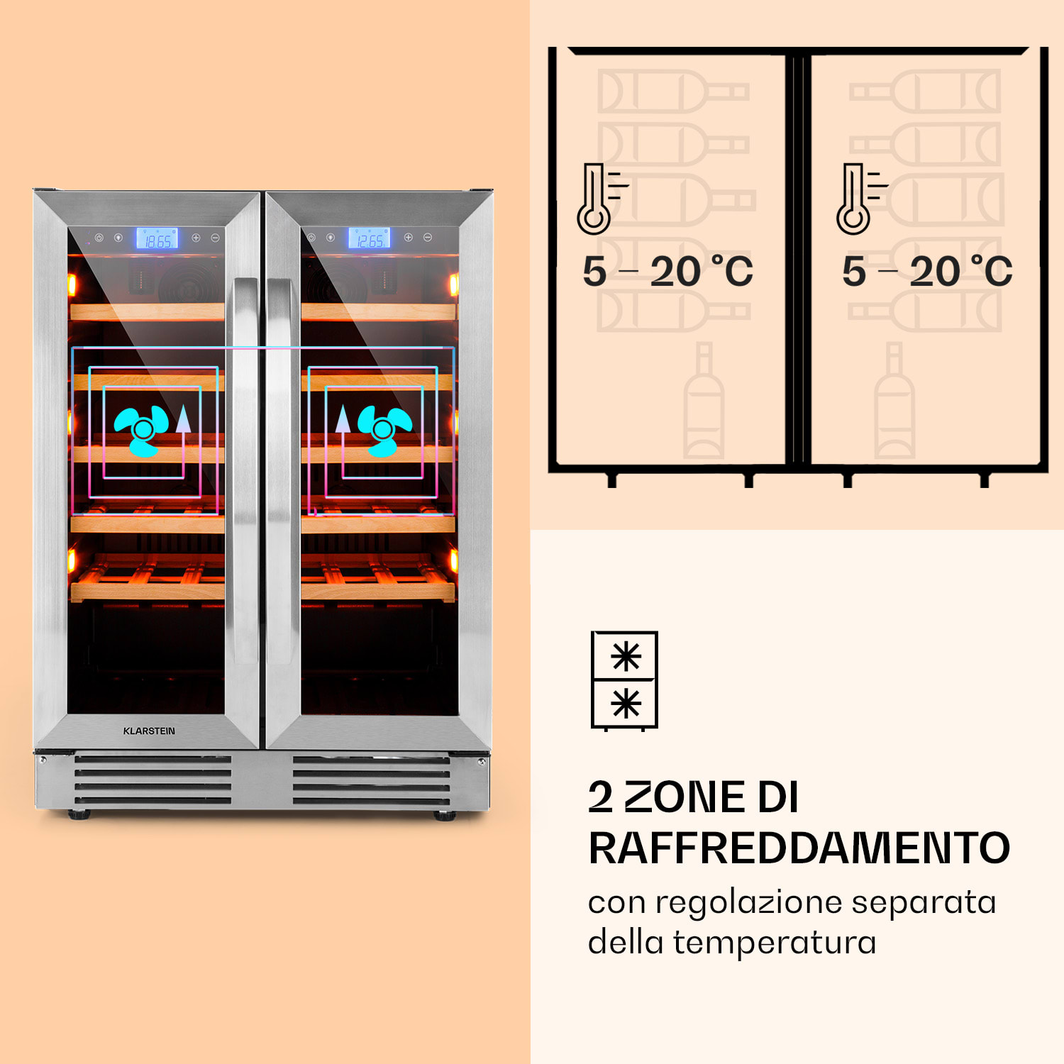 Vinovilla 42 Twin Built-In Duo Frigovino a due zone 126l 42 bott. 3 colori vetro 42 bottiglie  | 2 zone di raffreddamento | Acciaio inox