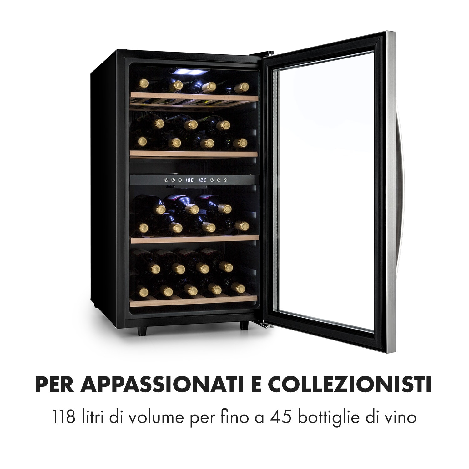 Vinamour 45D Frigorifero per Vini 2 Zone 118 l/45 Bottiglie 5-18 °C Inox 45 bottiglie | 2 zone di raffreddamento | Acciaio inox