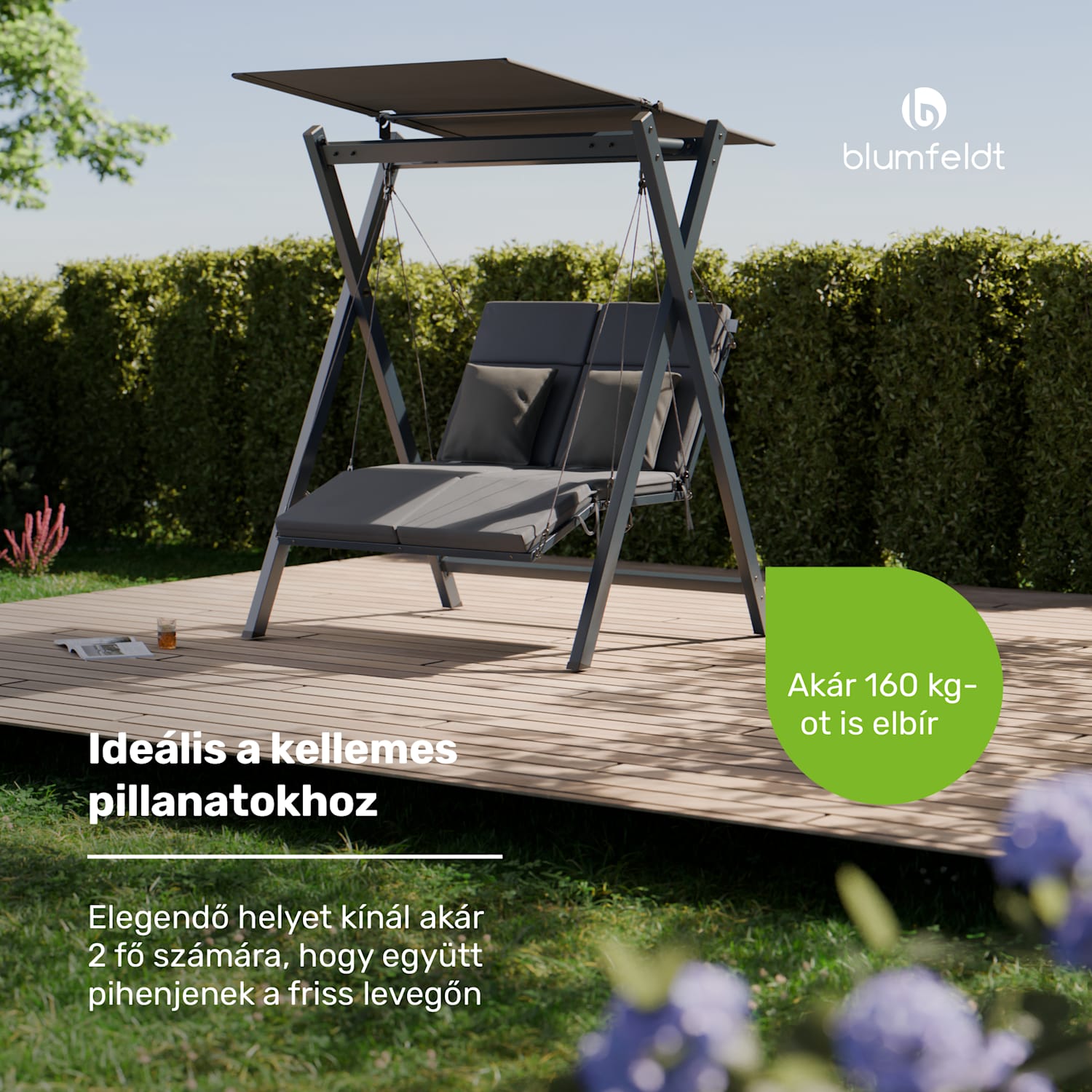 FlexiSwing, hollywoodi hinta, 2 üléses, állítható háttámla, napellenző, időjárásálló 2 üléses | Antracit