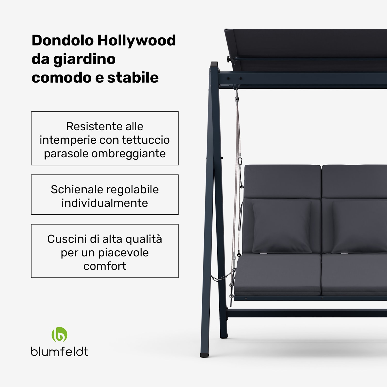 FlexiSwing - Dondolo Hollywood, 2 posti, con schienale regolabile + tettuccio parasole, resistente alle intemperie 2 posti | Antracite