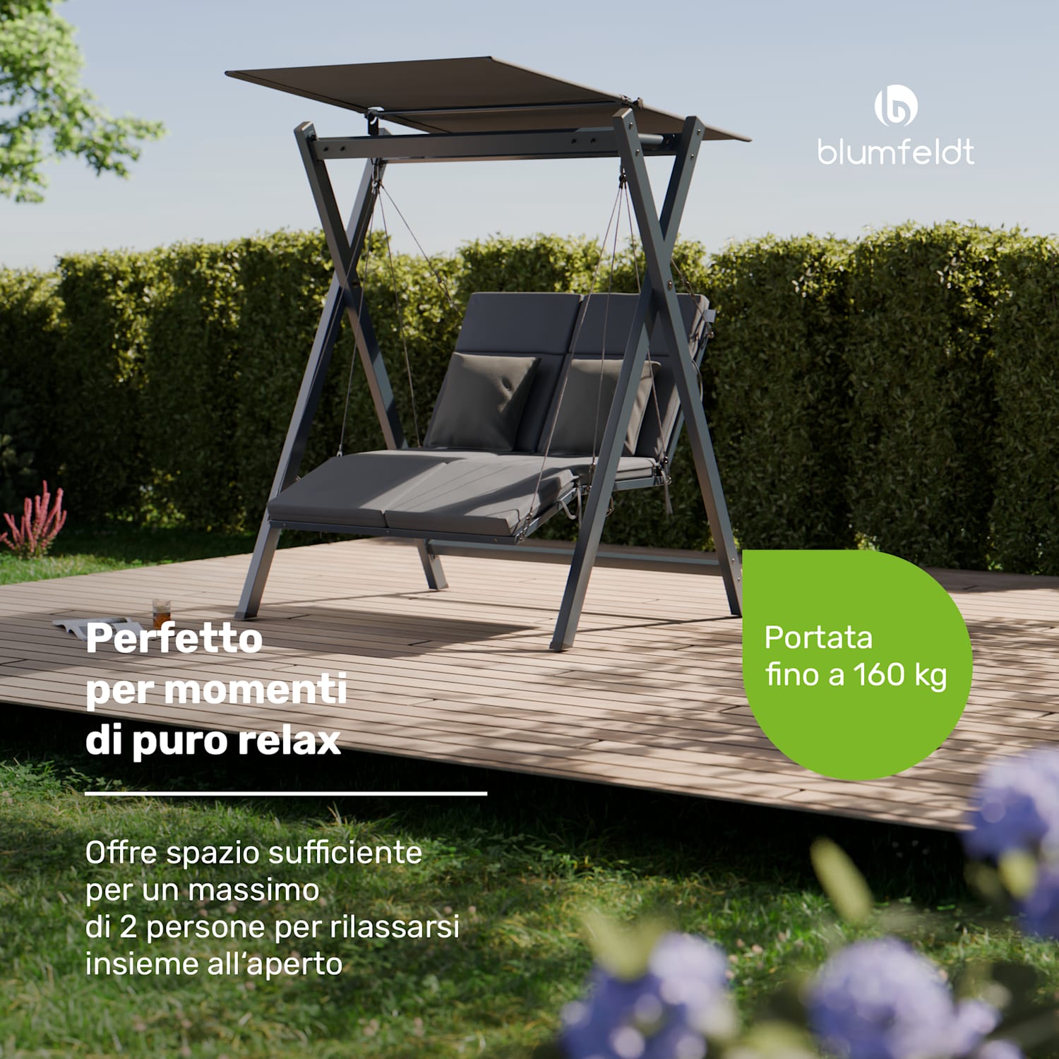 FlexiSwing - Dondolo Hollywood, 2 posti, con schienale regolabile + tettuccio parasole, resistente alle intemperie 2 posti | Antracite