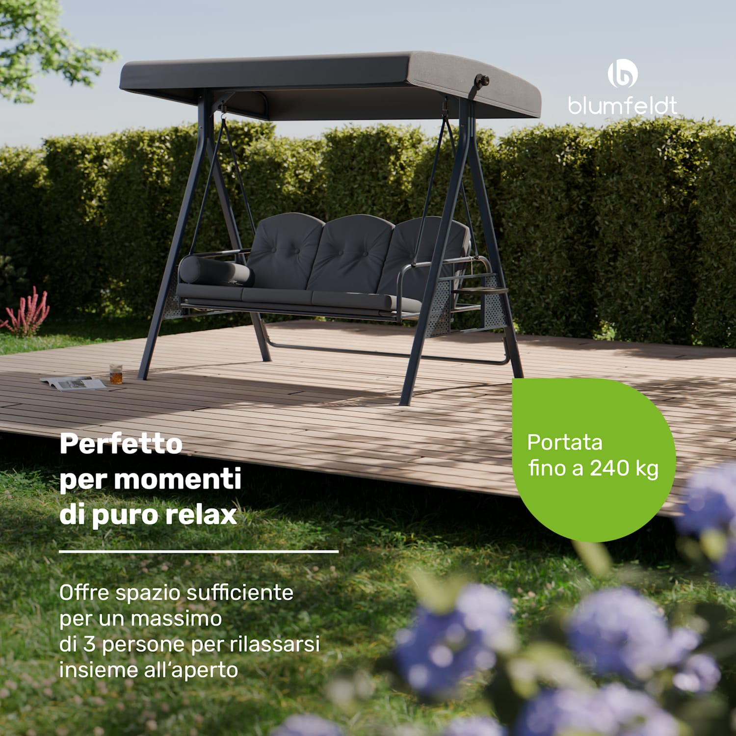 GrandSway - Dondolo Hollywood, 3 posti, regolabile individualmente, acciaio verniciato a polvere, resistente alle intemperie Antracite