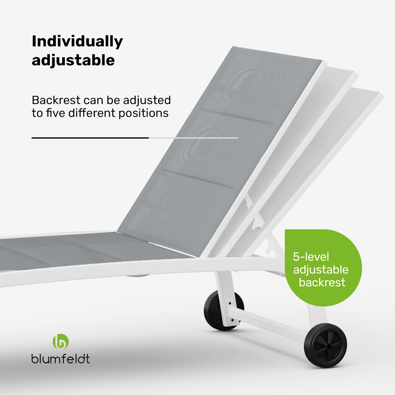 Lounger Limala XXL ligstoel 160 kg draagkracht 5 posities verstelbare rugleuning wielen Mid Gray