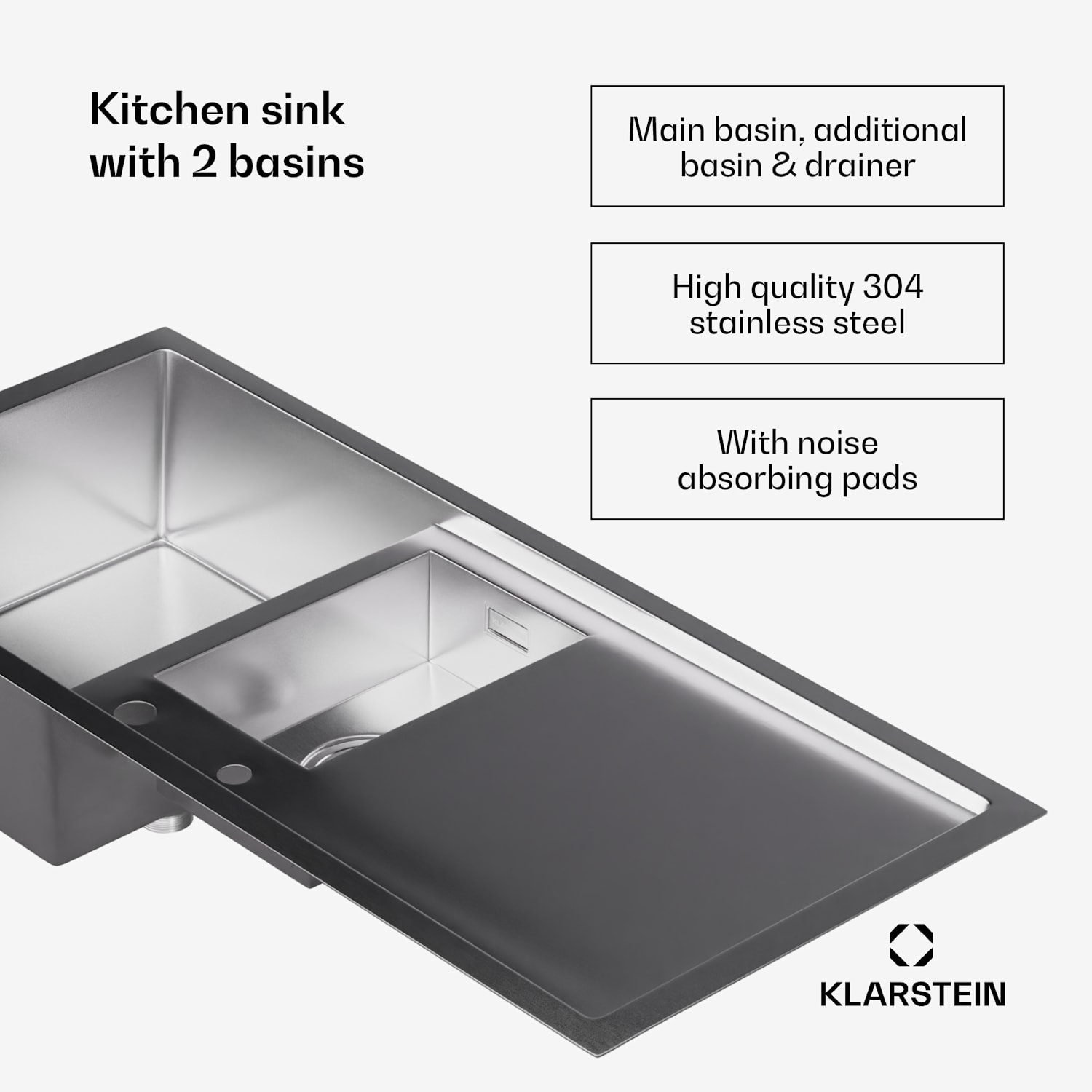 Klarstein TitanSteel kitchen sink 1.5 with draining board dimensions: 100 x 45 cm (LxW) with main and intermediate basins made of stainless steel with a scratch-resistant and heat-resistant surface 100 x 45 cm | Stainless Steel