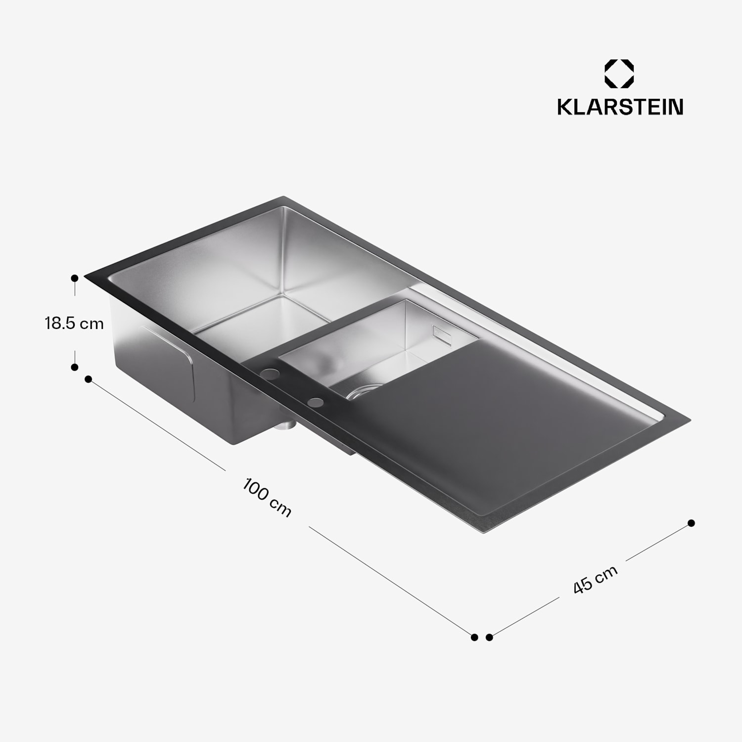 Klarstein TitanSteel kitchen sink 1.5 with draining board dimensions: 100 x 45 cm (LxW) with main and intermediate basins made of stainless steel with a scratch-resistant and heat-resistant surface 100 x 45 cm | Stainless Steel