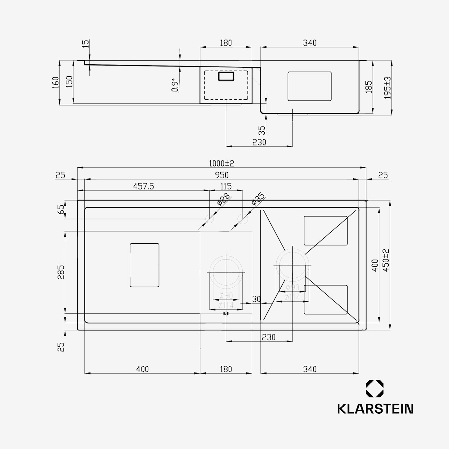 Klarstein TitanSteel kitchen sink 1.5 with draining board dimensions: 100 x 45 cm (LxW) with main and intermediate basins made of stainless steel with a scratch-resistant and heat-resistant surface 100 x 45 cm | Stainless Steel