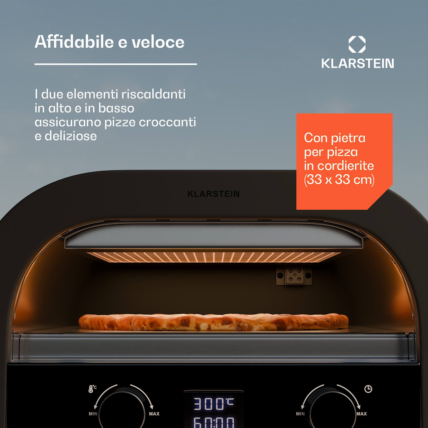FornoVetro - Forno per la pizza, da interno ed esterno, doppio elemento riscaldante, 2200 W, fino a 550 °C, display digitale, Cool Touch 