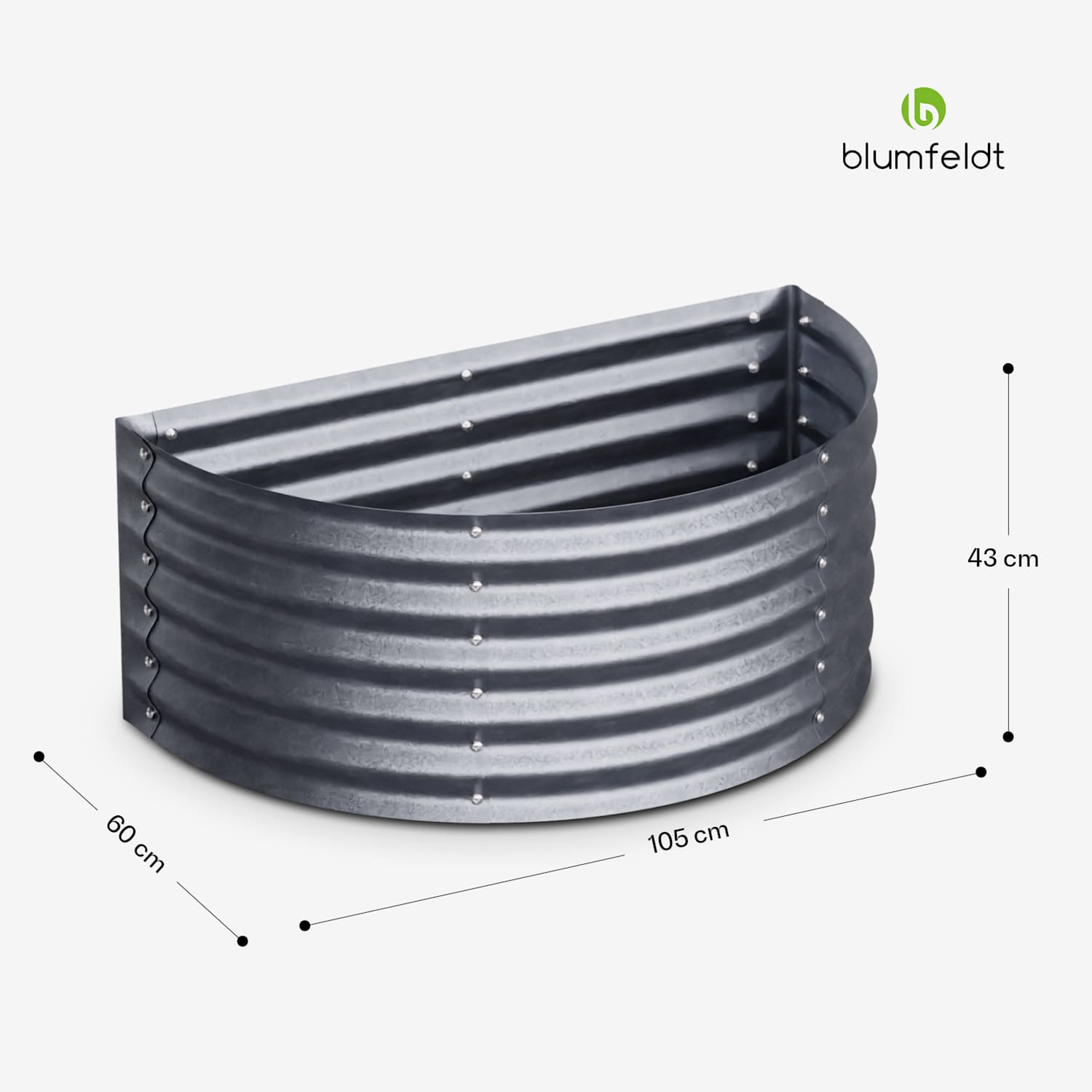 High Grow Half Circle - Aiuola rialzata da 105 x 43 x 60 cm, in lamiera d'acciaio ondulata, facile da montare, resistente alla ruggine e al gelo Argento
