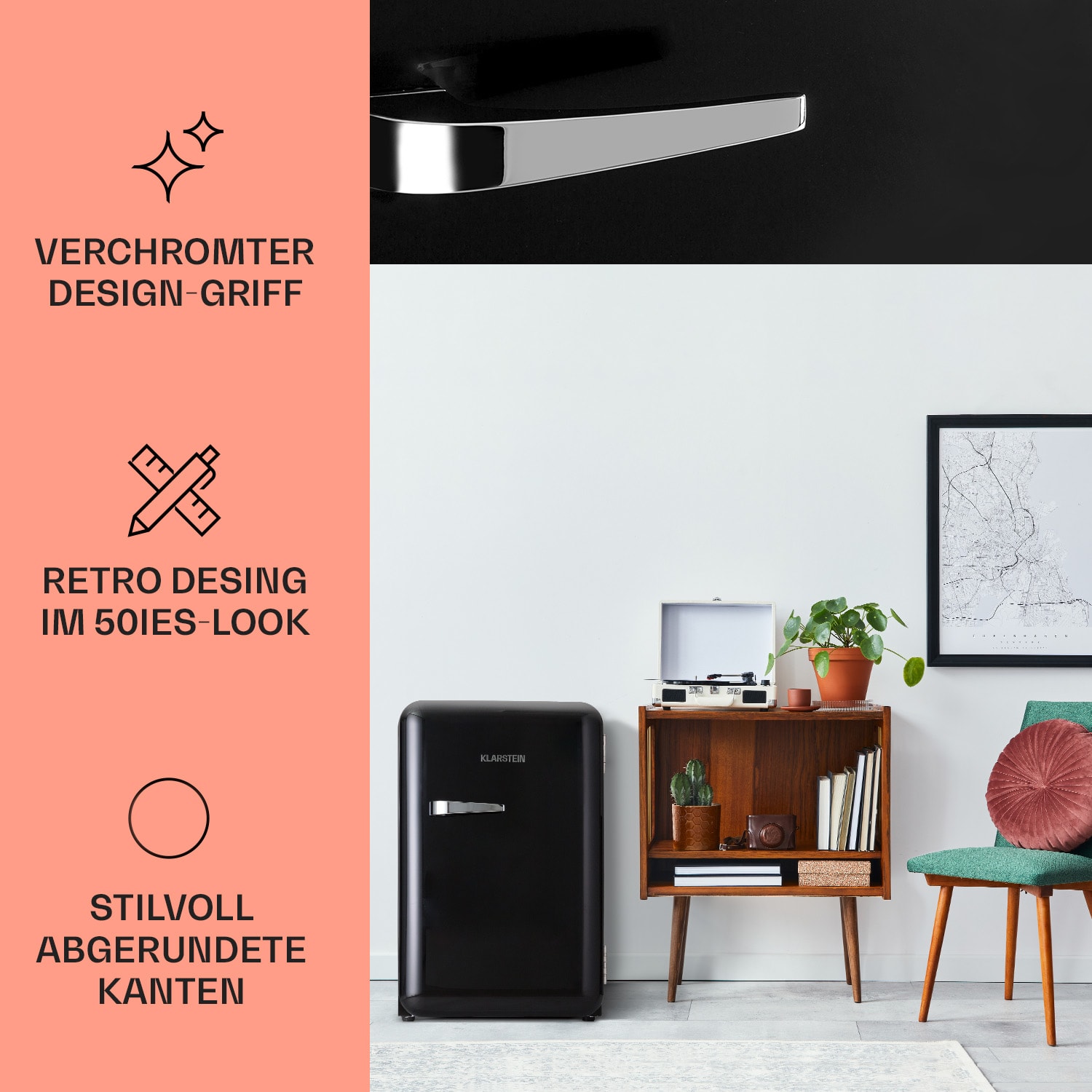 Audrey Retro-Kühlschrank 70 Liter 3 Regale 2 Türfächer Innenbeleuchtung 70 Ltr | Schwarz