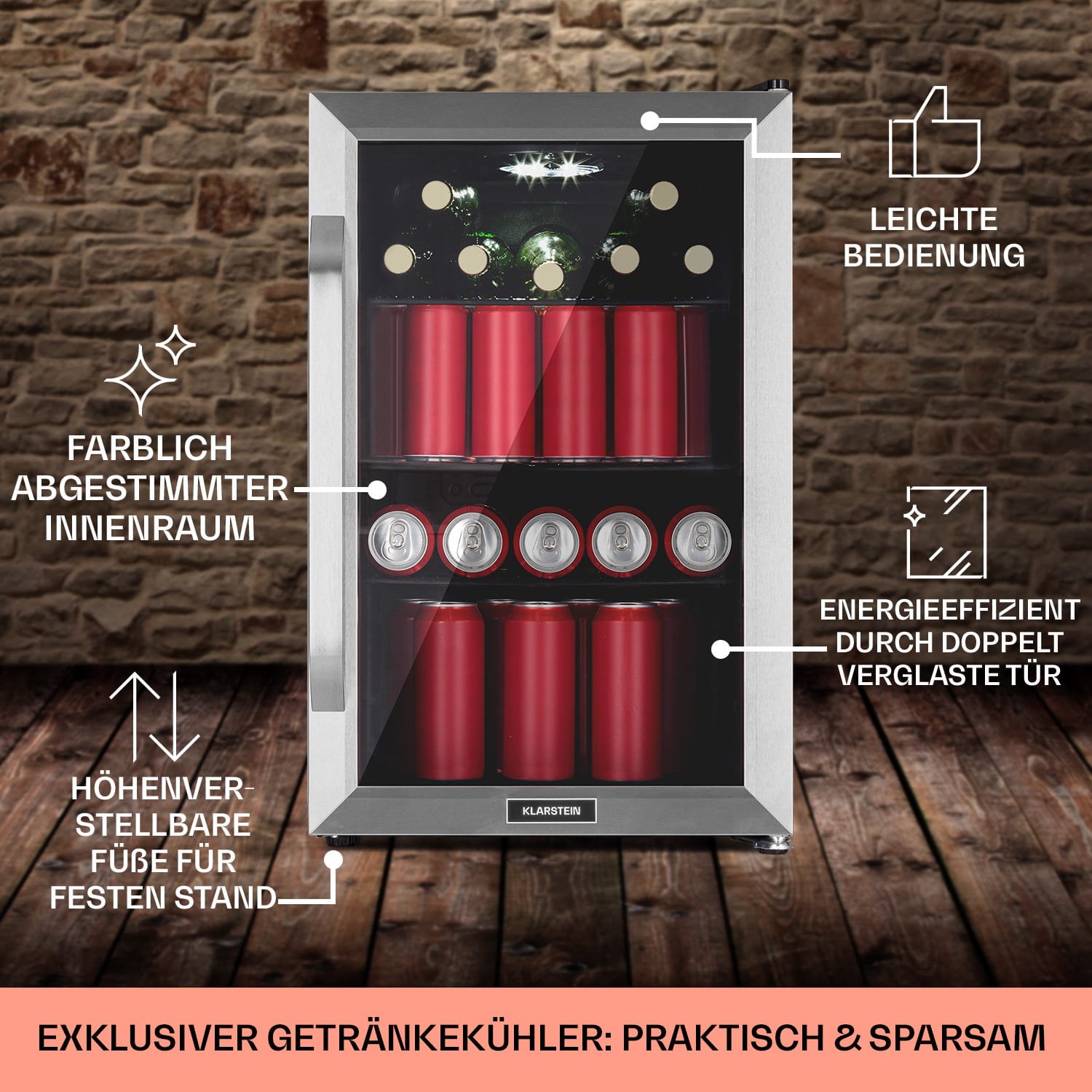 Beersafe 70 Birra Edition Kühlschrank 70 Ltr 3 Böden Glastür Edelstahl 