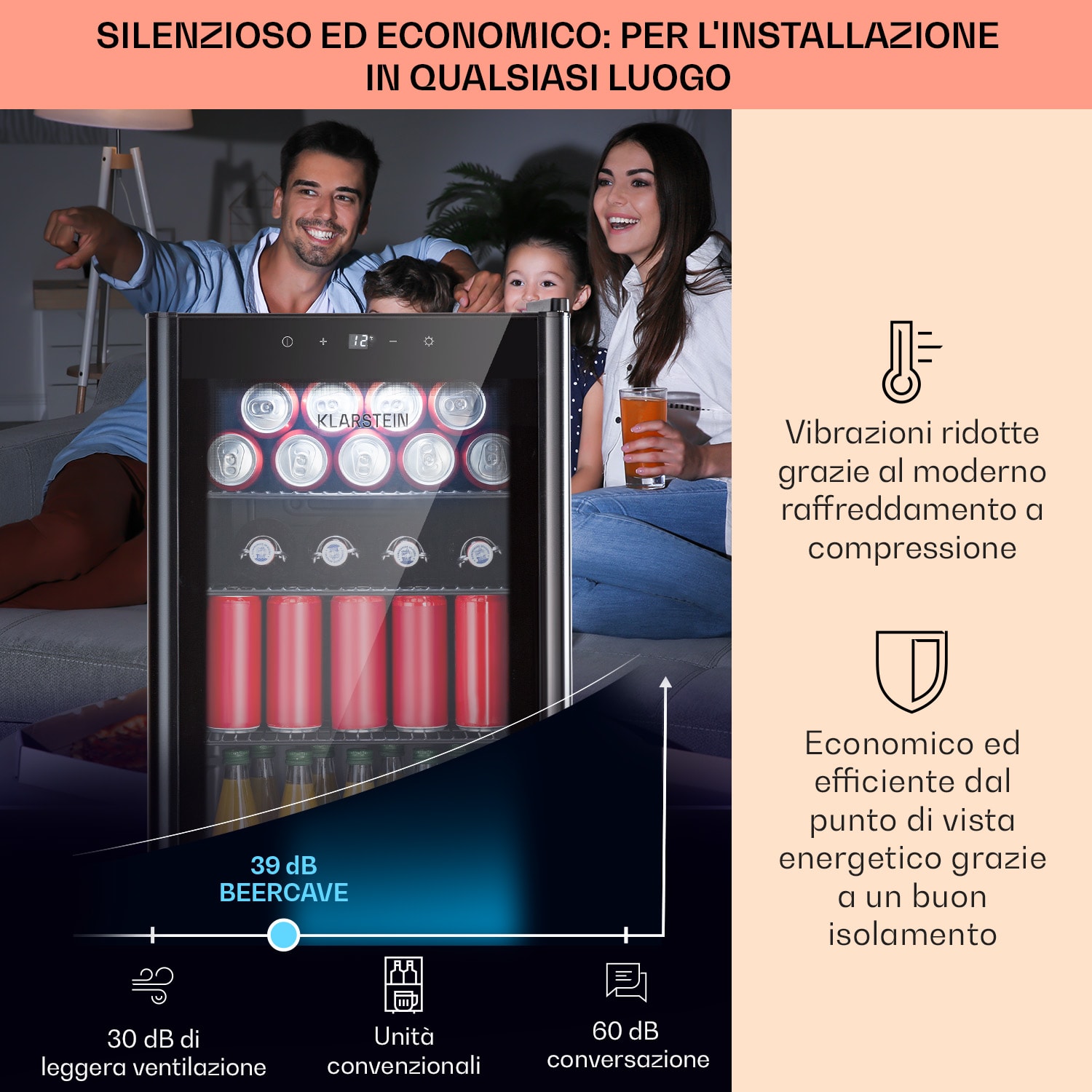 Beercave 70 - Frigorifero, 70 litri, 3 ripiani, sportello in vetro a triplo isolamento, touch 