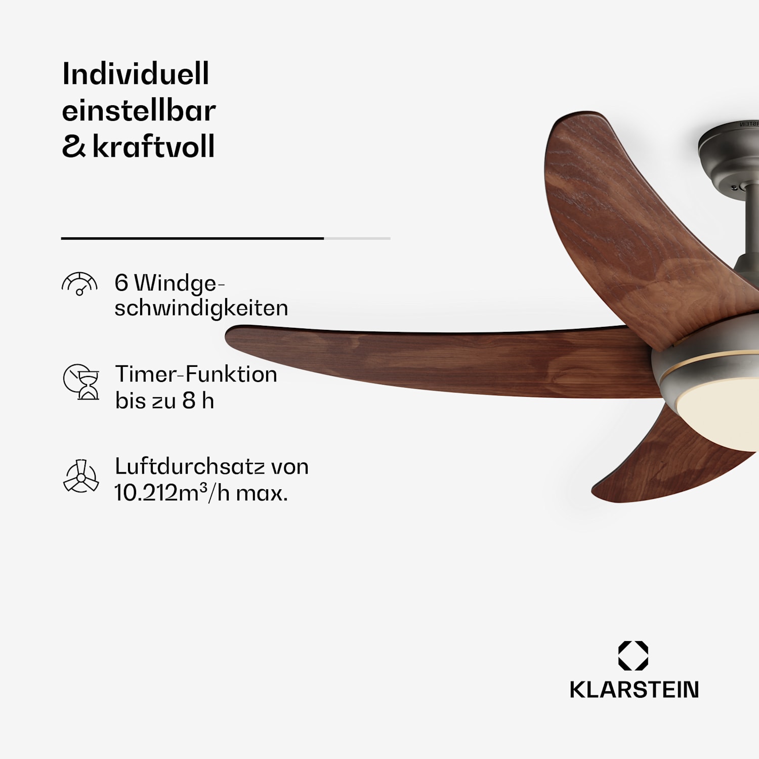 Bolero - Ventilatore a soffitto 2 in 1, 132 cm, lampada da 55W, telecomando, controllo con app, 2 sensi di rotazione Noce