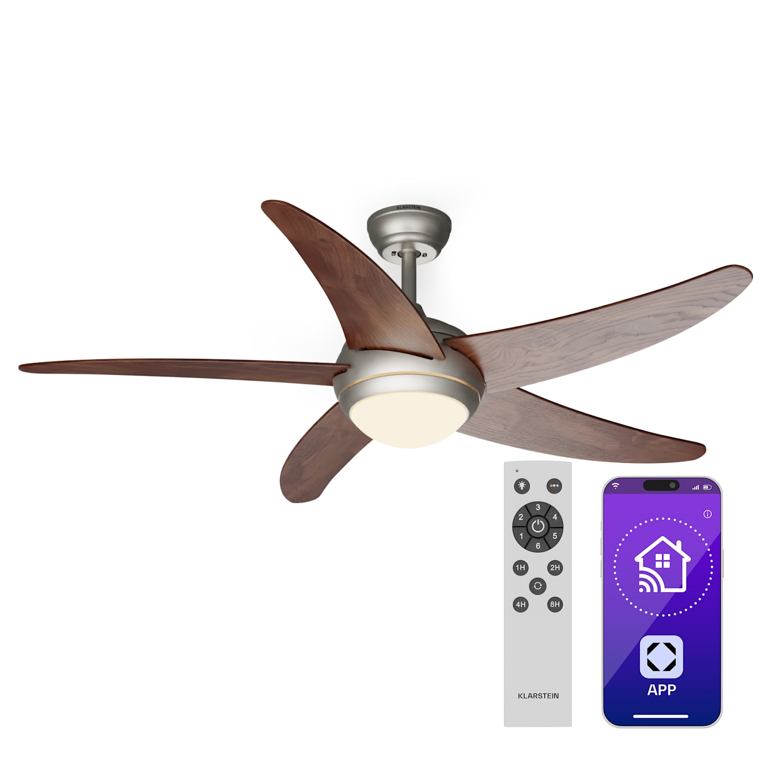 Bolero - Ventilatore a soffitto 2 in 1, 132 cm, lampada da 55W, telecomando, controllo con app, 2 sensi di rotazione Noce