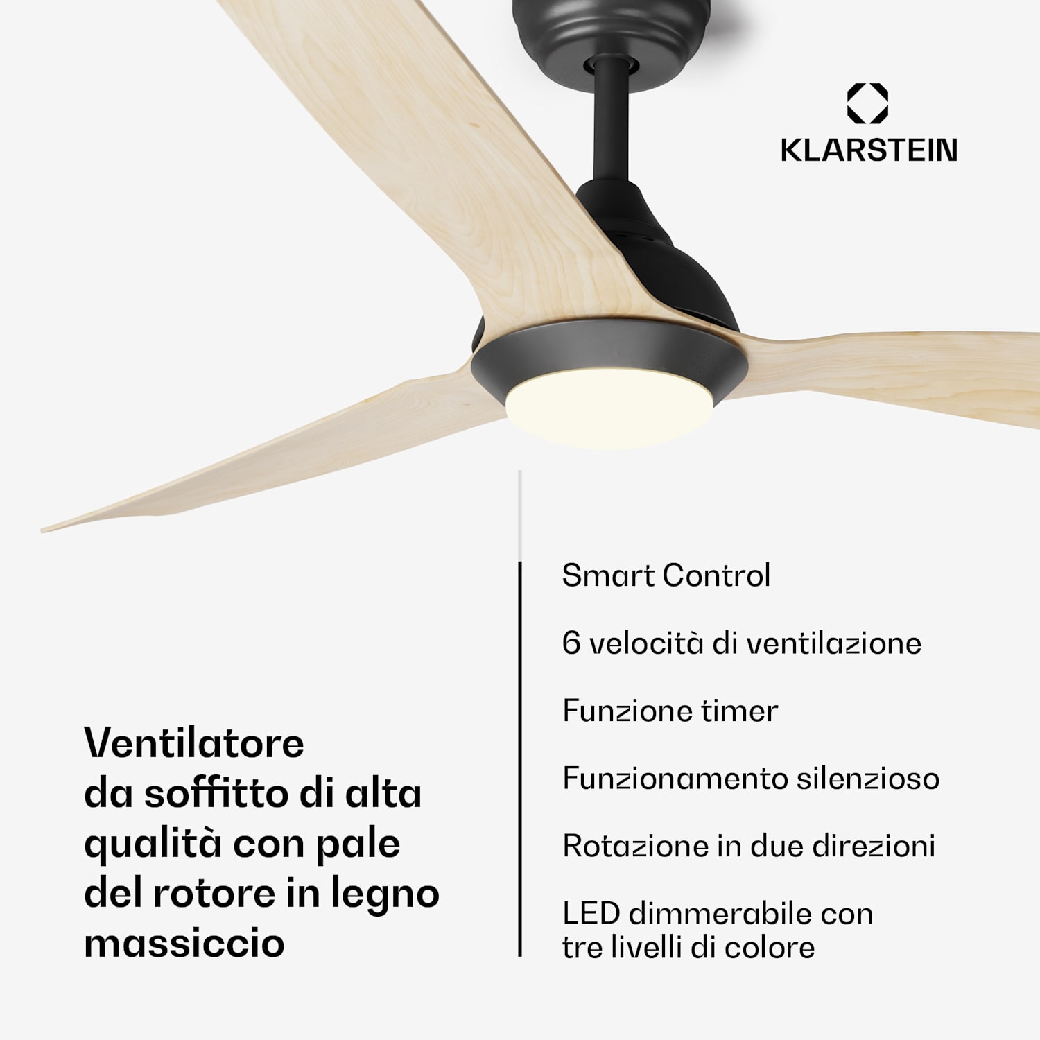 Fiji Flow - Ventilatore a soffitto 2 in 1, 132 cm, LED, telecomando, controllo con app, 2 sensi di rotazione, dimmerabile Acero