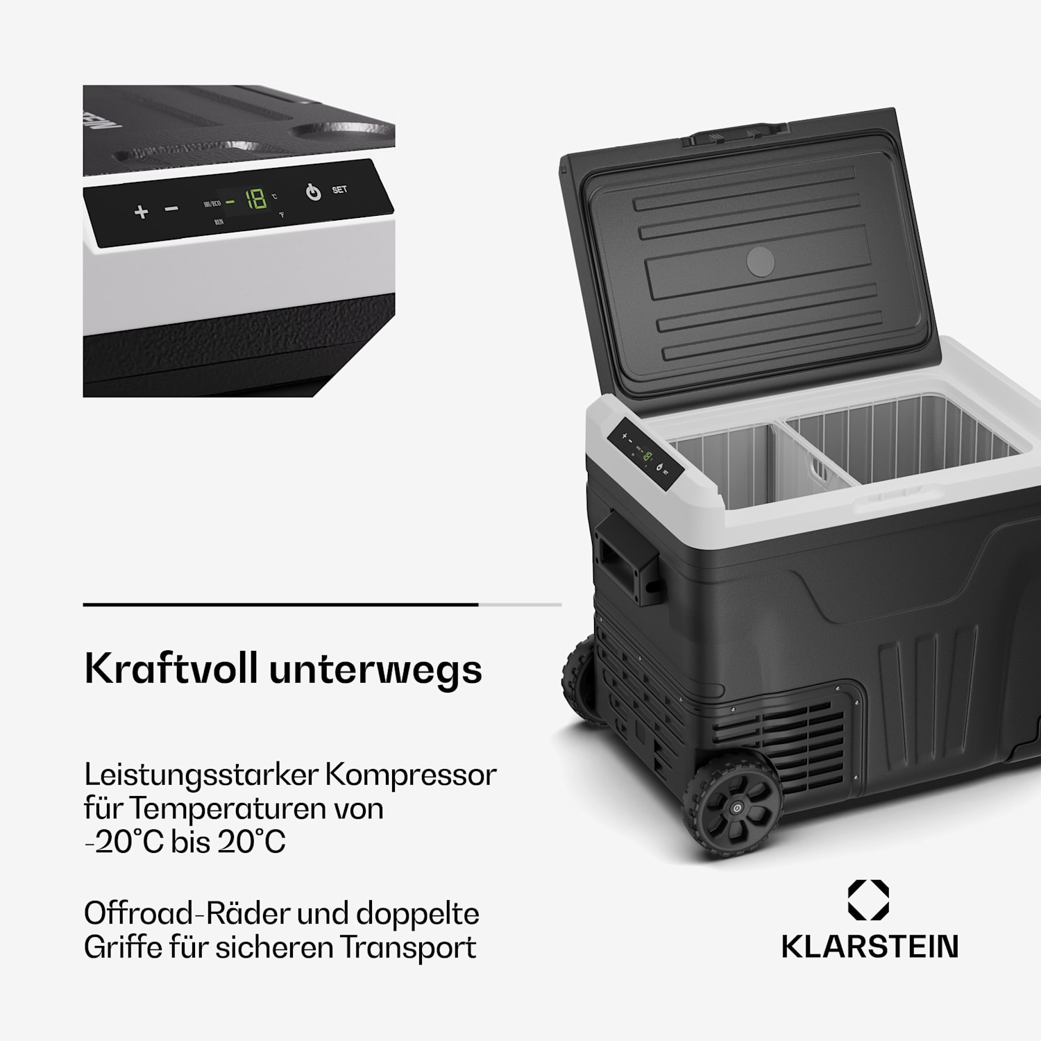 PolarForce 50L Kompressor-Kühlbox | LCD-Panel | Beleuchtung | Off-Road | Batterieschutz | 12V/230V 50 Ltr | Schwarz