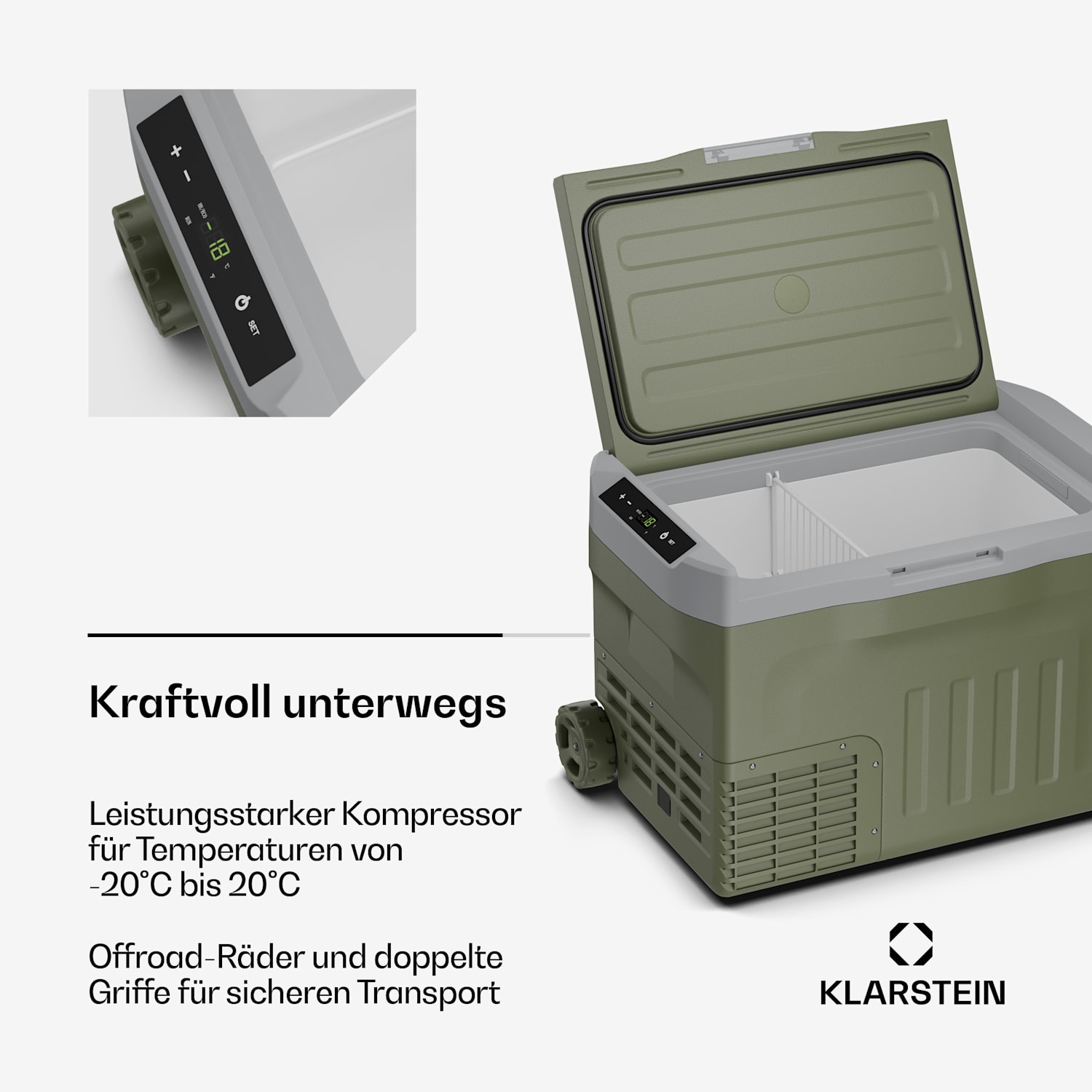 PolarForce 30L Kompressor-Kühlbox | LCD-Panel | Beleuchtung | Off-Road | Batterieschutz | 12V/230V 30 Ltr | Grün