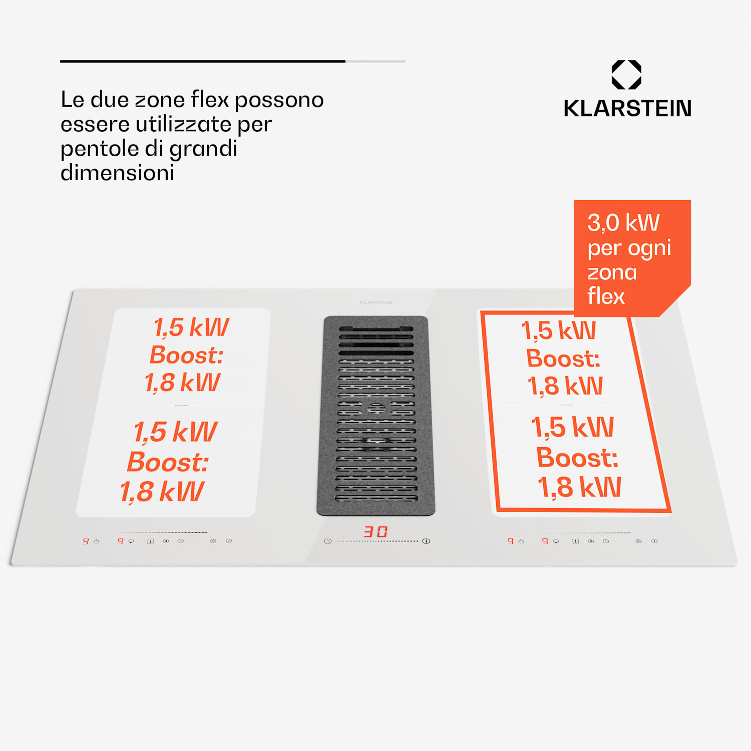 Full House 77 - Impianto Down Air con piano a induzione e cappa aspirante, 477 m³/h, classe energetica A 77 cm | Bianco