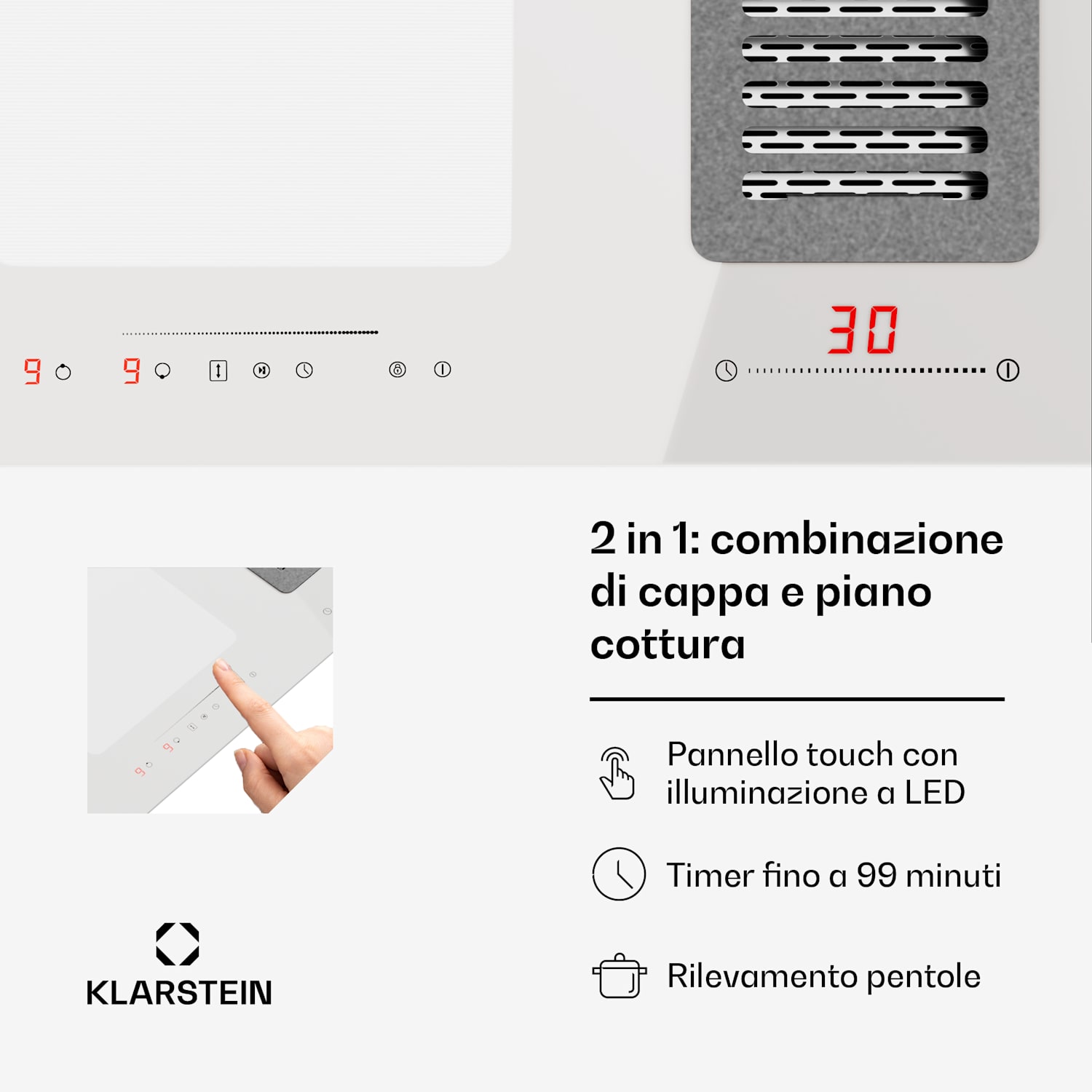 Full House 77 - Impianto Down Air con piano a induzione e cappa aspirante, 477 m³/h, classe energetica A 77 cm | Bianco