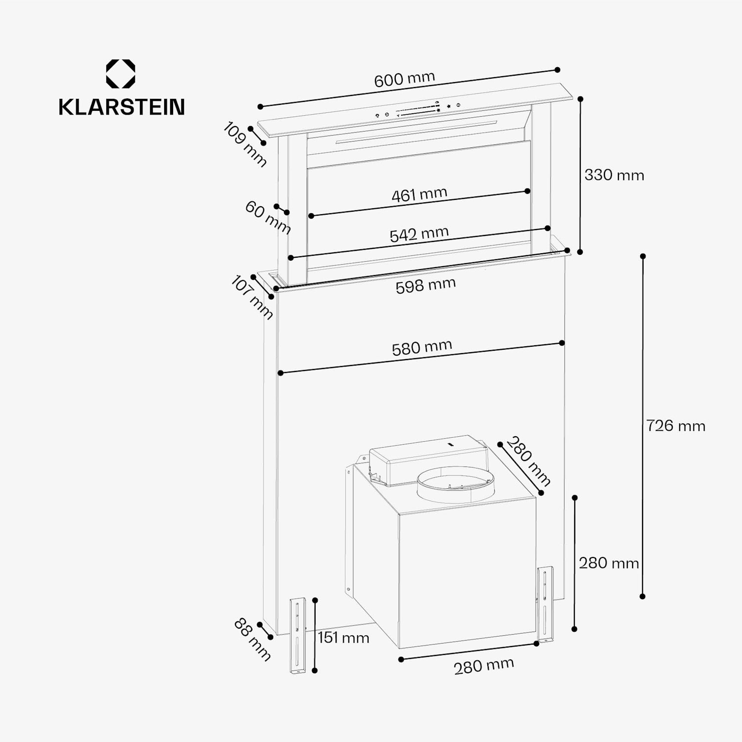 Victoria Downdraft - Cappa aspirante | 60 cm | A | 8 livelli + boost | Fino a 713,8 m³/ora | 120 W 60 cm | Nero