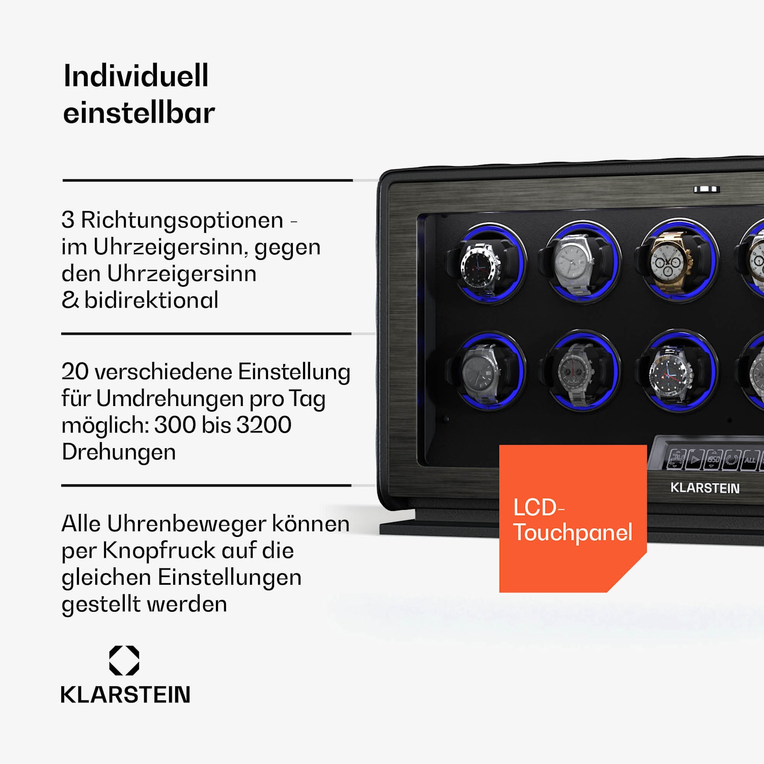 LuminousTime Uhrenbeweger | 12 Uhren | viele Einstellungen | LED | 10dB 12 Uhren | Schwarz