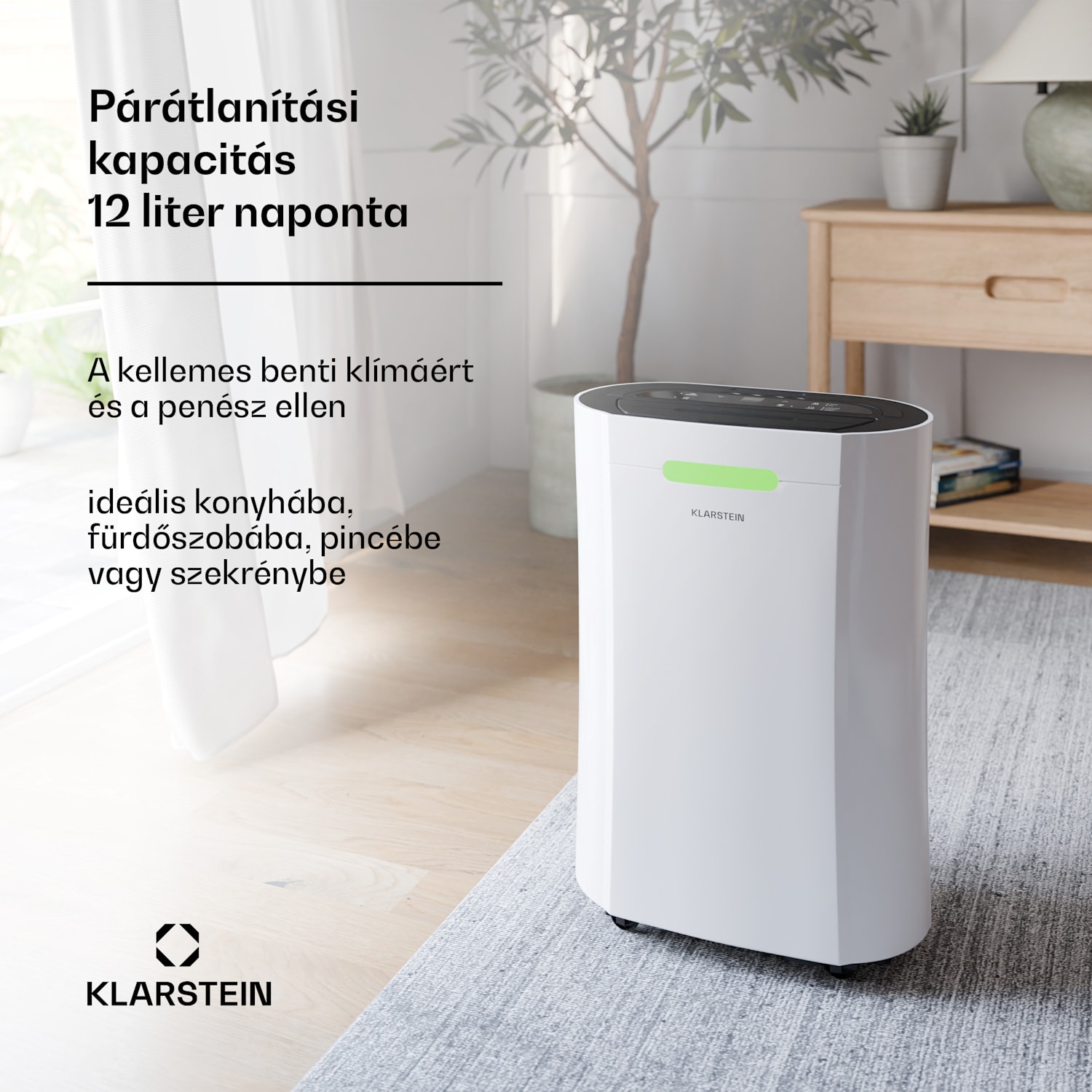 AeroDry Smart 12L párátlanító, 12 l/nap, 18 m², páratartalom érzékelő, irányítás alkalmazás segítségével, 135 m³/h 12l/24h | Fehér