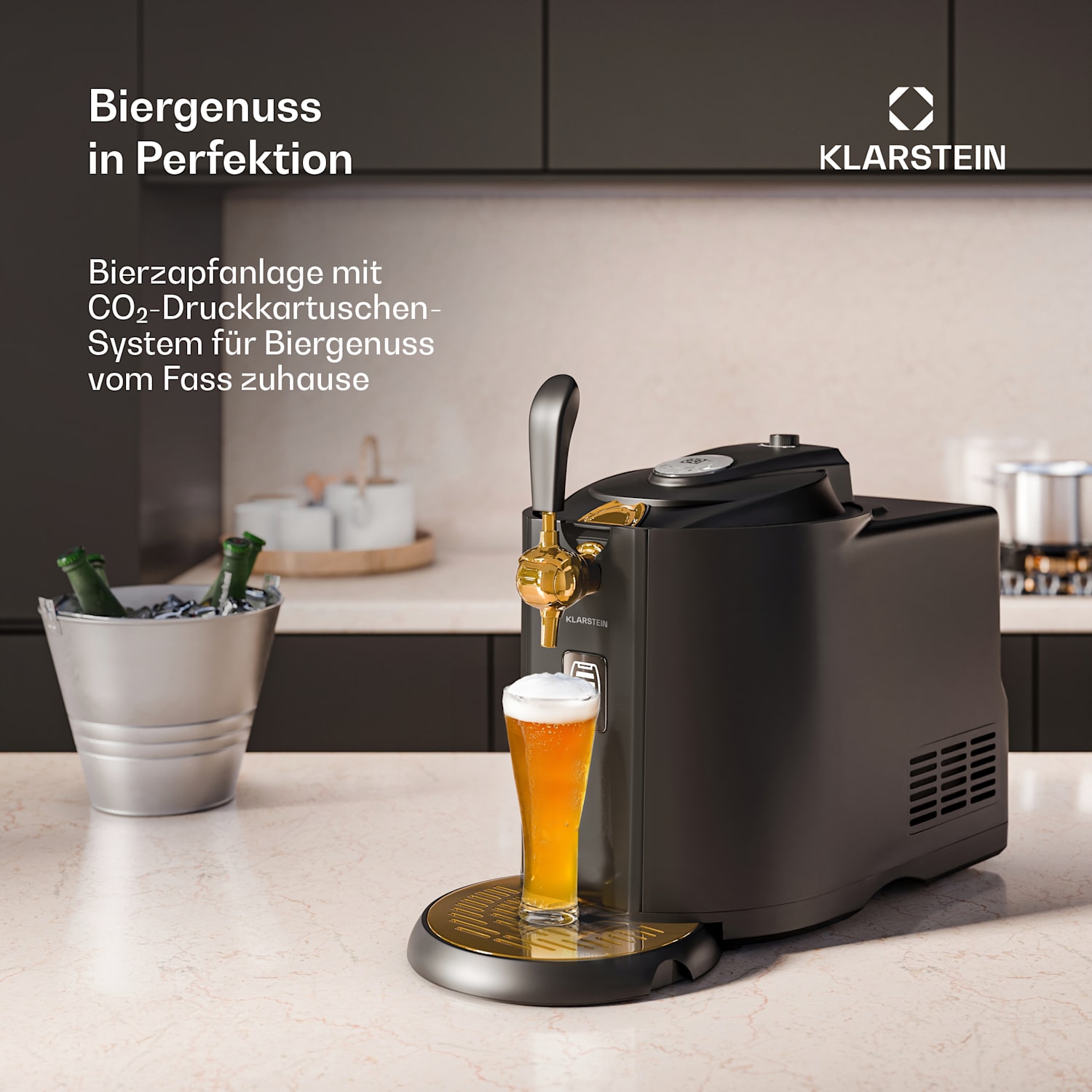 Beerkules Bierzapfanlage | für 5L-Fässer | Kühlkompressor | LED-Display | 6 Temperaturstufen Schwarz / Antik-Gold-Metallic