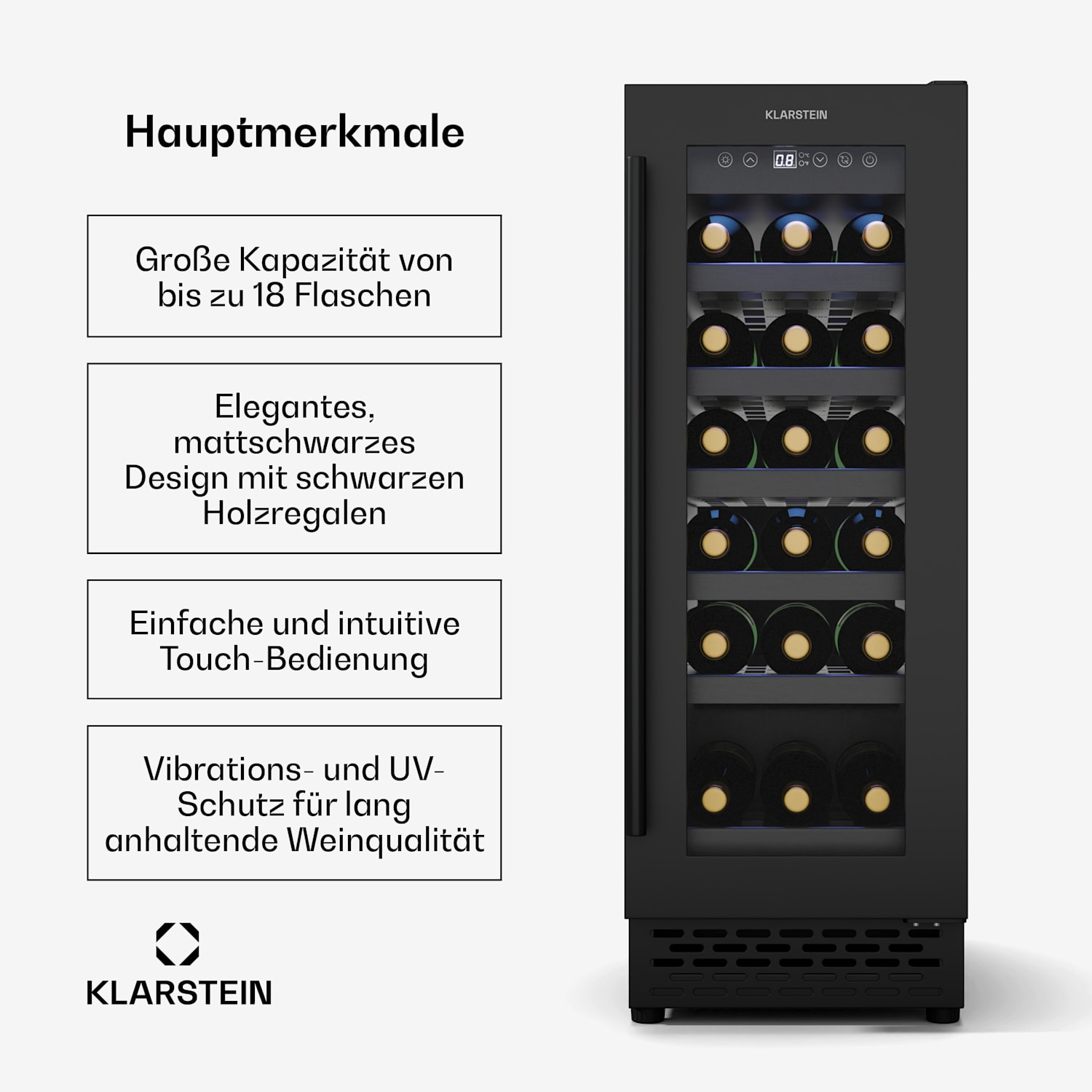 Vinovilla 18 Uno Weinkühlschrank | 1 Kühlzone | 18 Flaschen | Holzregale | 5-18 °C 18 Flaschen | 1 Kühlzone | Matt-Schwarz