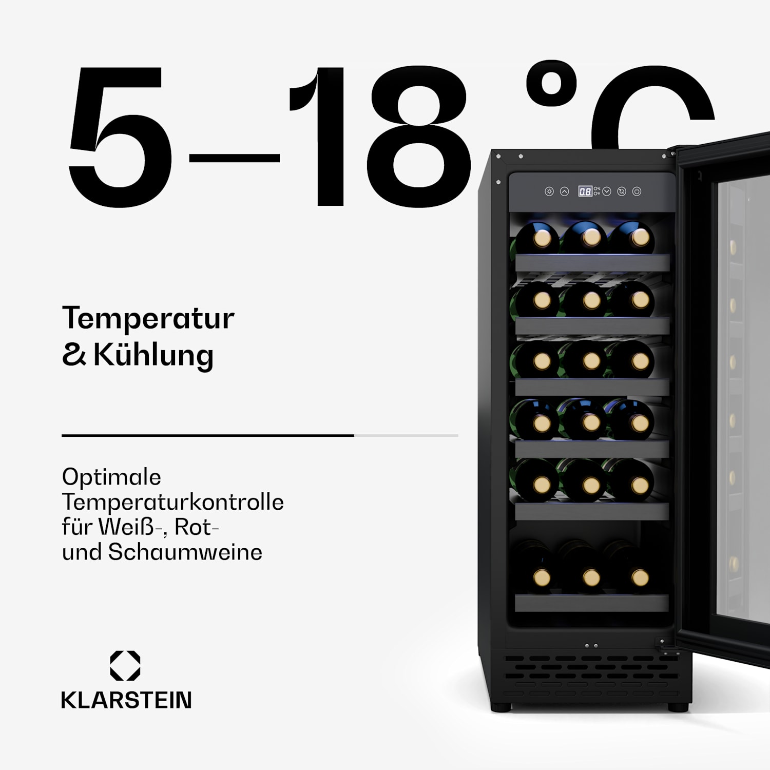 Vinovilla 18 Uno Weinkühlschrank | 1 Kühlzone | 18 Flaschen | Holzregale | 5-18 °C 18 Flaschen | 1 Kühlzone | Matt-Schwarz